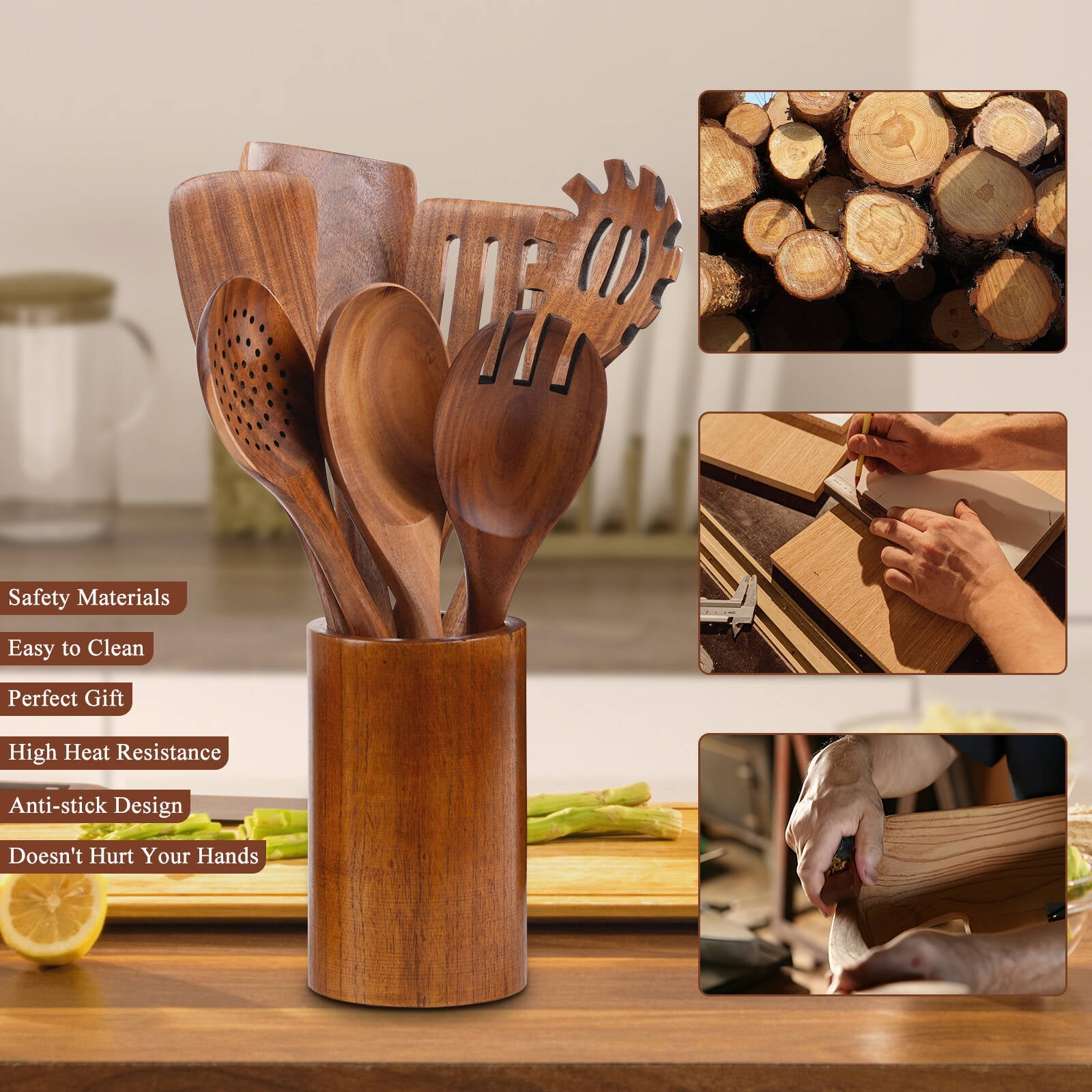 VAVSEA Natural Teak Wooden Cooking Utensils Set, Heat Resistant Non-Stick Kitchen Tools (8 Piece Set) 9fvzf
