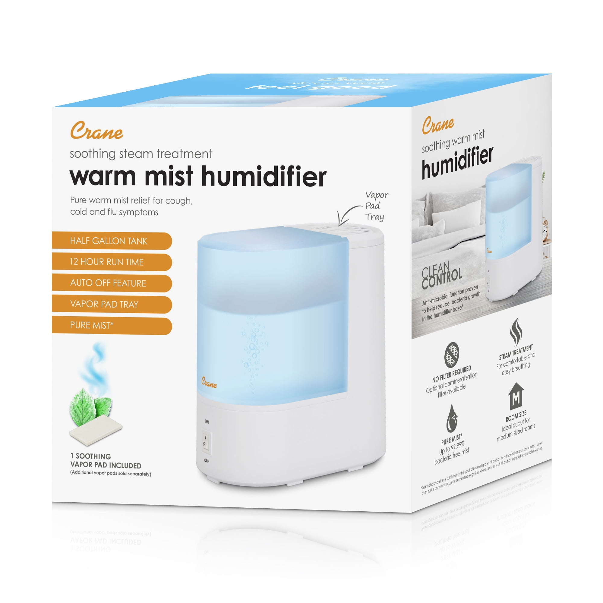 Crane Warm Mist Humidifier, Quiet Ultrasonic Steam Vaporizer for Bedroom and Home (Blue, 0.5 Gallon) h1px3