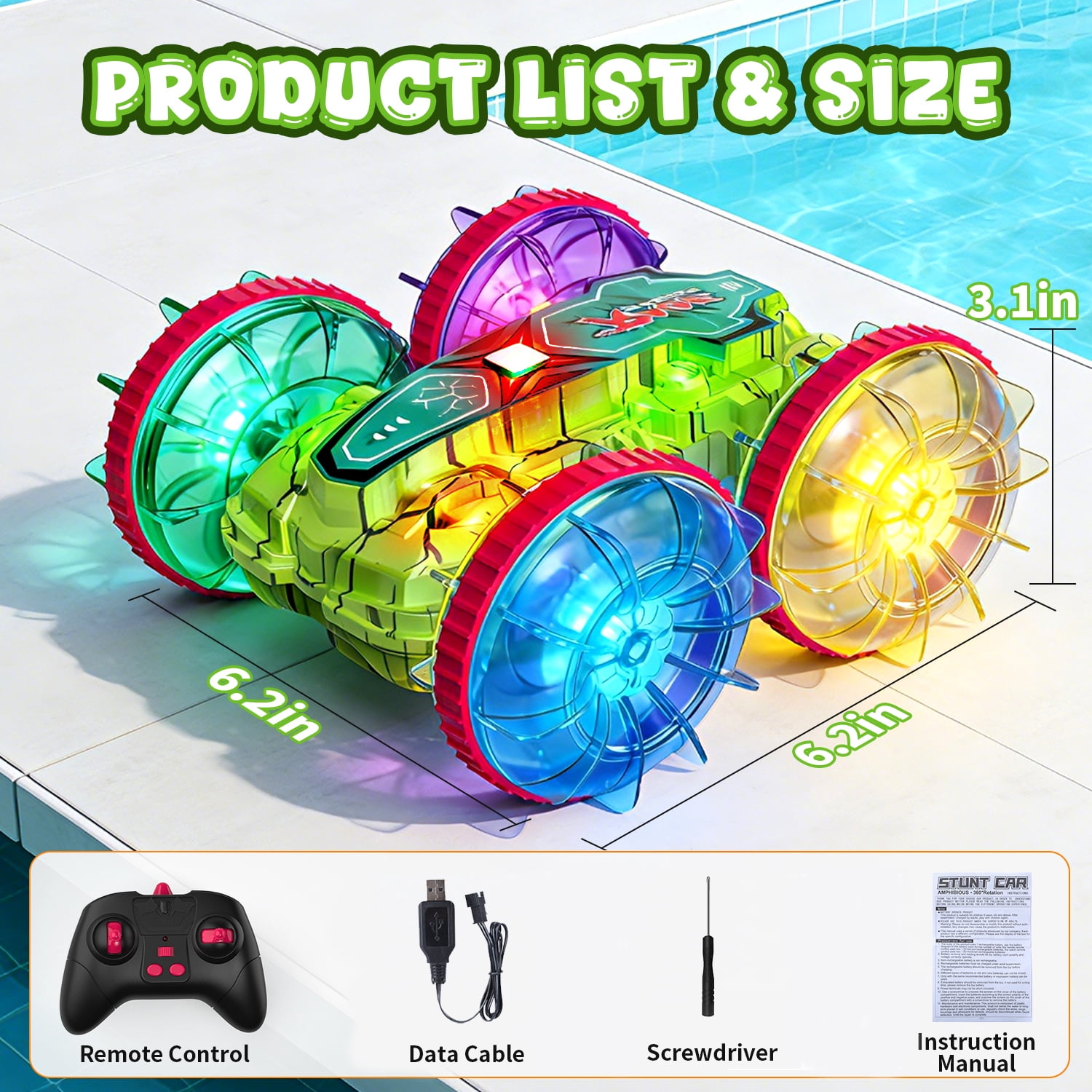 JoyStone Amphibious RC Stunt Car, 4WD Waterproof All-Terrain Remote Control Truck with LED Wheels (Green, 1 Pack) u928h