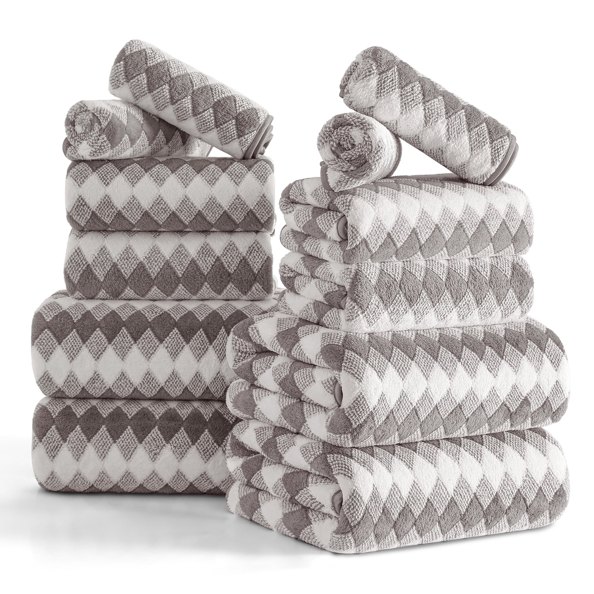 Jessy Home 12-Piece Plush Bath Towel Set, Highly Absorbent Hotel Quality Bathroom Linens (Light Gray, 12-Piece Set) 123yi