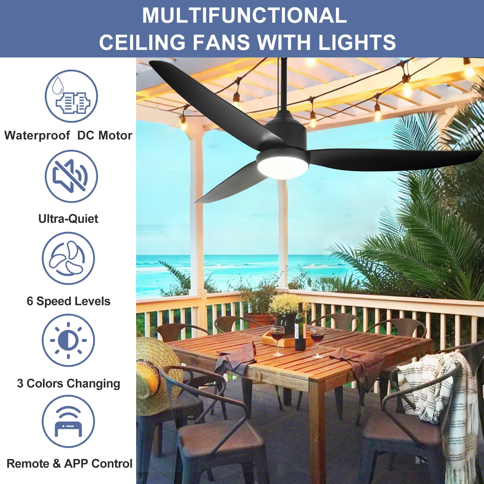 Depuley Outdoor Ceiling Fan with Light, Waterproof Hanging Fan for Patio and Gazebo (Black, 52 in) fq8yd