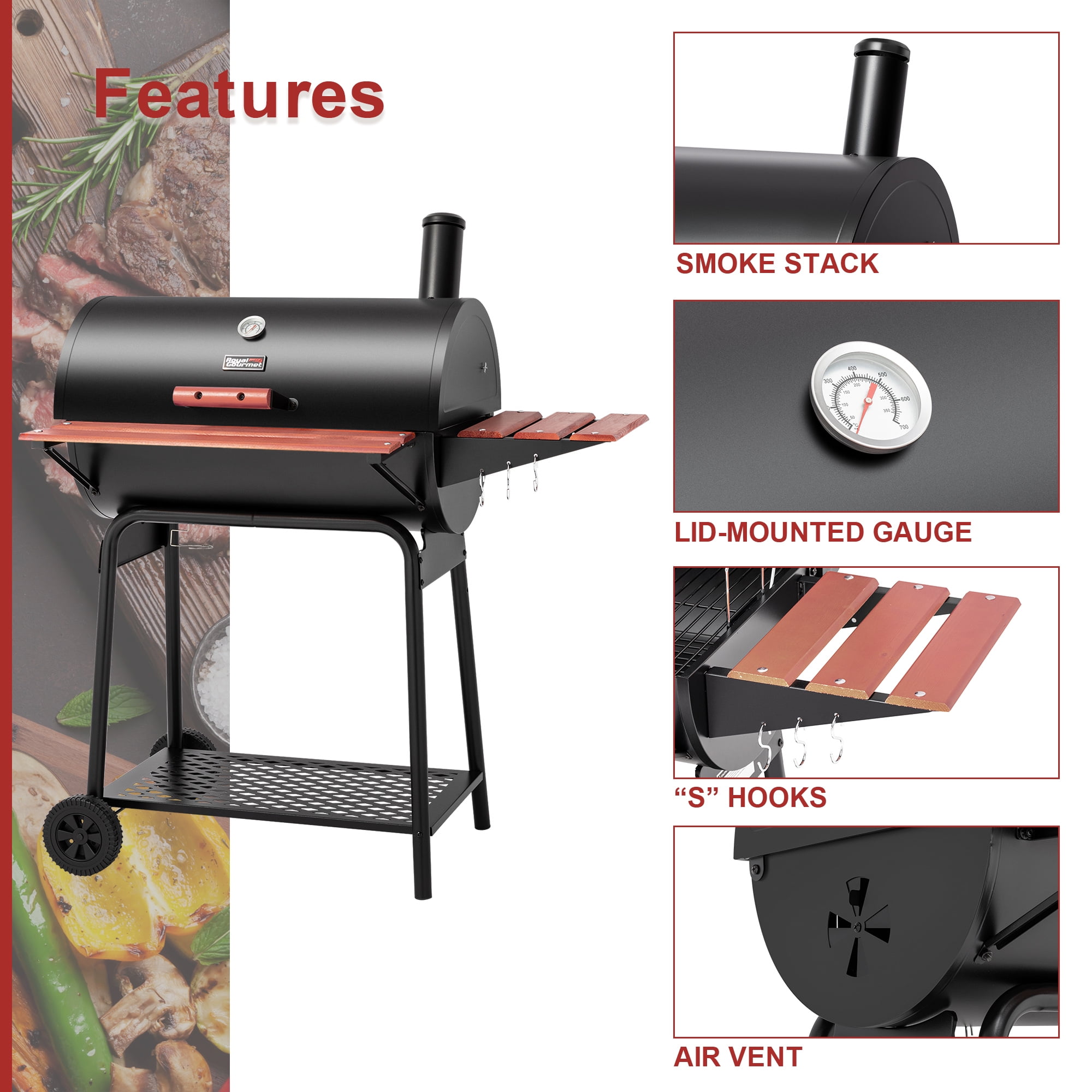 Royal Gourmet CC1830V 30 in Barrel Charcoal Grill with Side and Front Tables (Black) kqitm