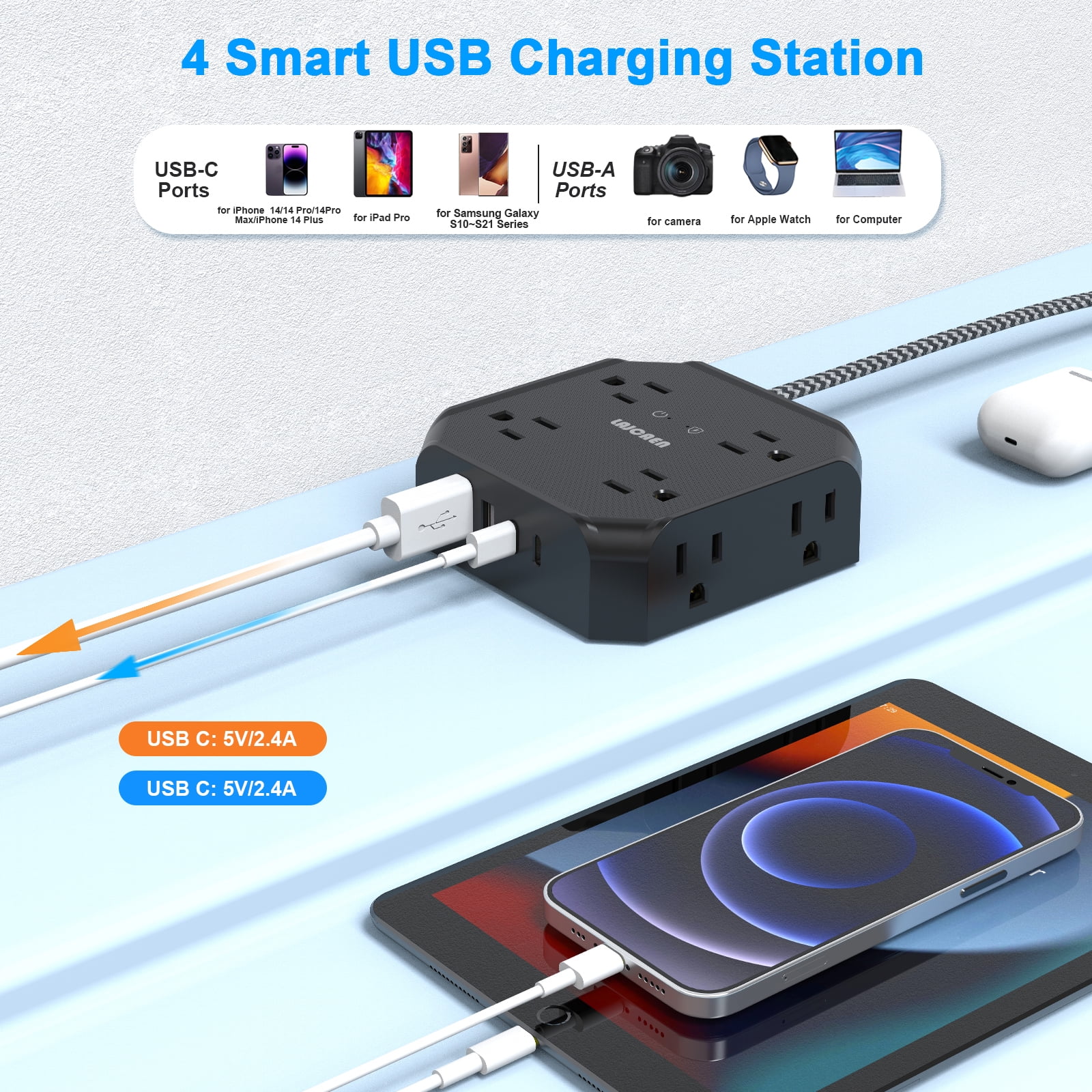 LAJCAEN Power Strip Surge Protector, 12-in-1 Extension Cord with 8 Outlets and 4 USB Ports (Black, 5 ft) 2pja8