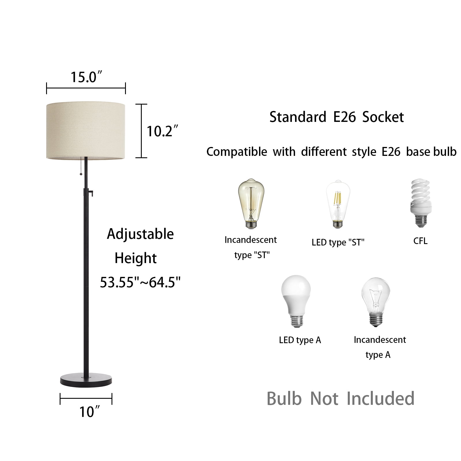 Kawoti Adjustable Height Floor Lamp, Modern Standing Lamp for Living Room and Office (Matte Black, 64.5 in) yl7vs