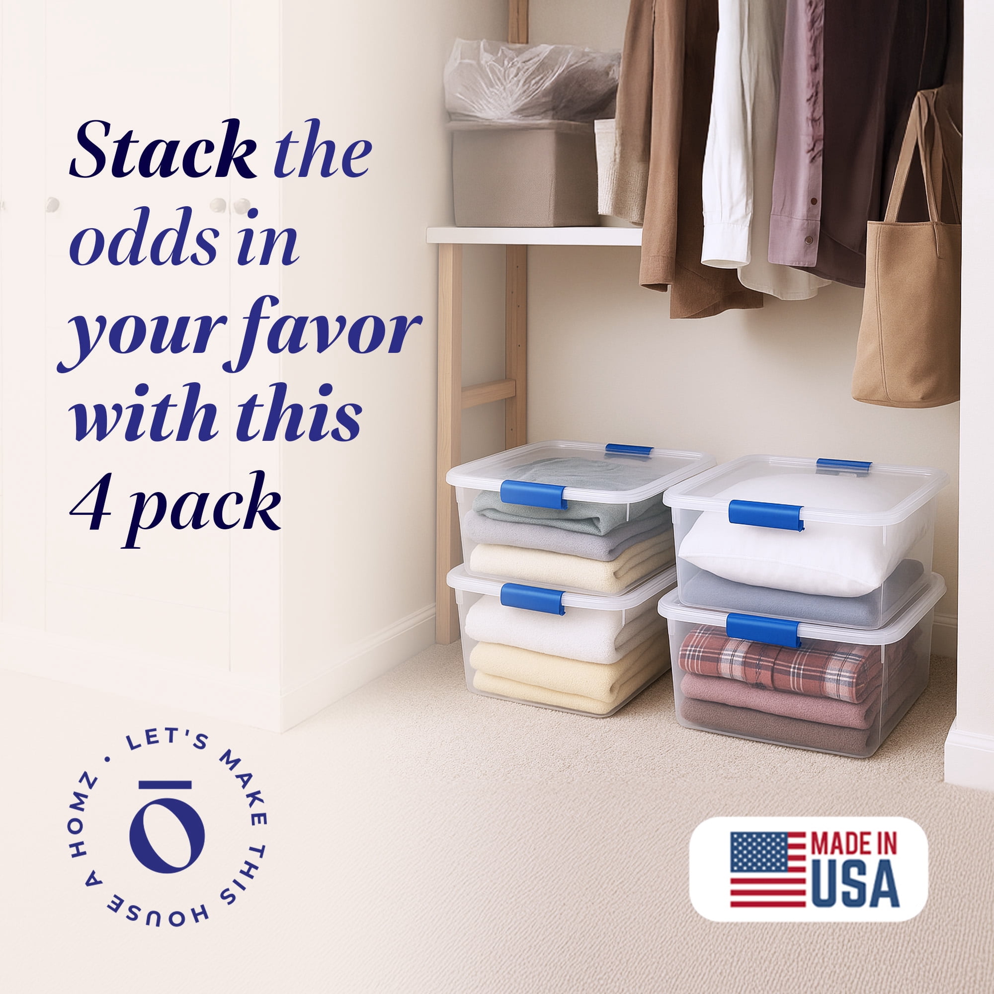 Homz Stackable Plastic Storage Containers with Latching Lids (Clear, 4 Pack, 15.5 Quart) b2a2t