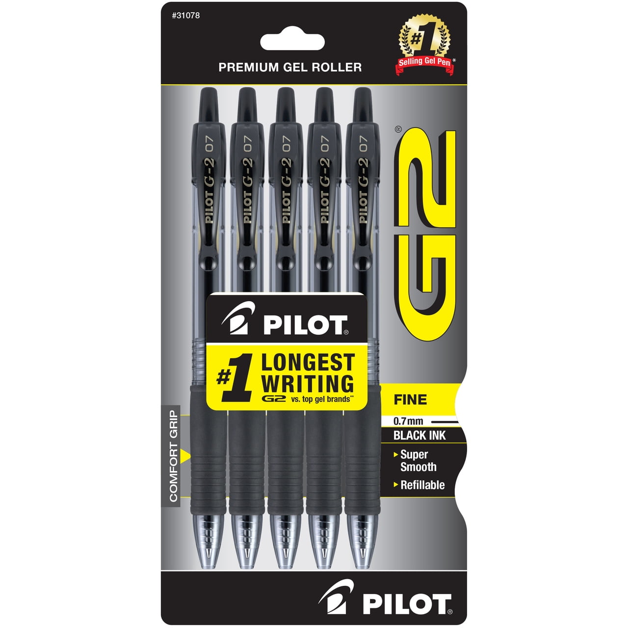 Pilot G2 Retractable Gel Ink Pens, Ultra-Smooth Writing, Fine Point (Black, 5 Pack) 7le44