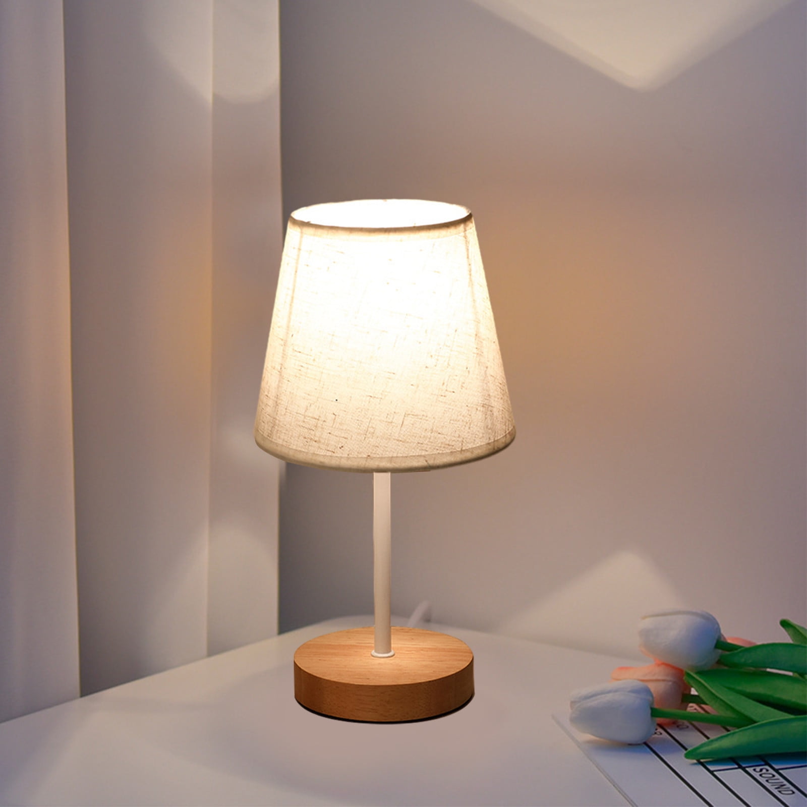 Ikohbadg Minimalist Bedside Table Lamp, Modern Nightstand Desk Light with Fabric Linen Shade (Beige, 14 in Height) xnn5i