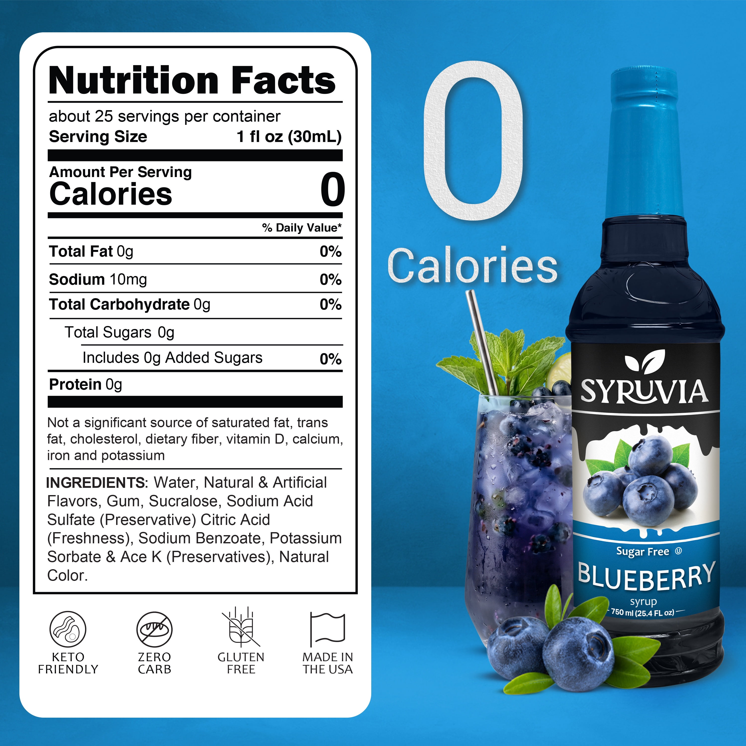 Syruvia Sugar Free Blueberry Coffee Syrup, Zero Calorie Flavoring for Lattes, Shakes, and Desserts (Blueberry, 25.4 fl oz) 3bbqk