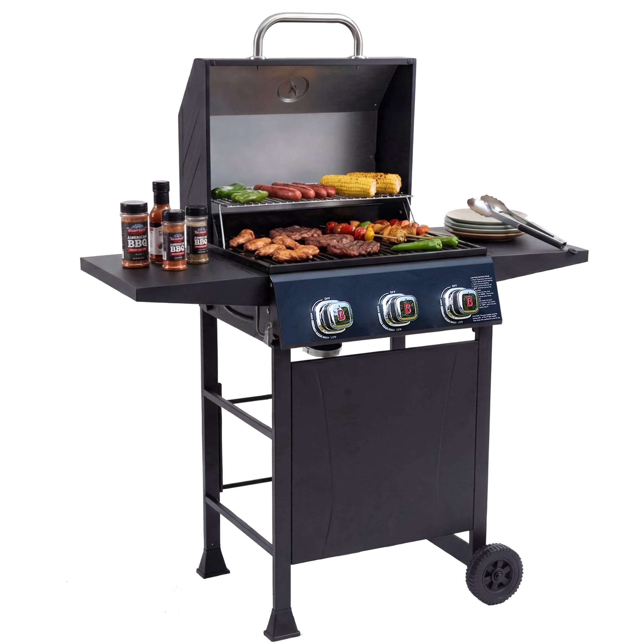 Fliintex 3-Burner Propane Gas Grill, Outdoor BBQ Grill with Porcelain-Coated Grates and Built-in Thermometer (Black, 467 sq. in.) r3jzw