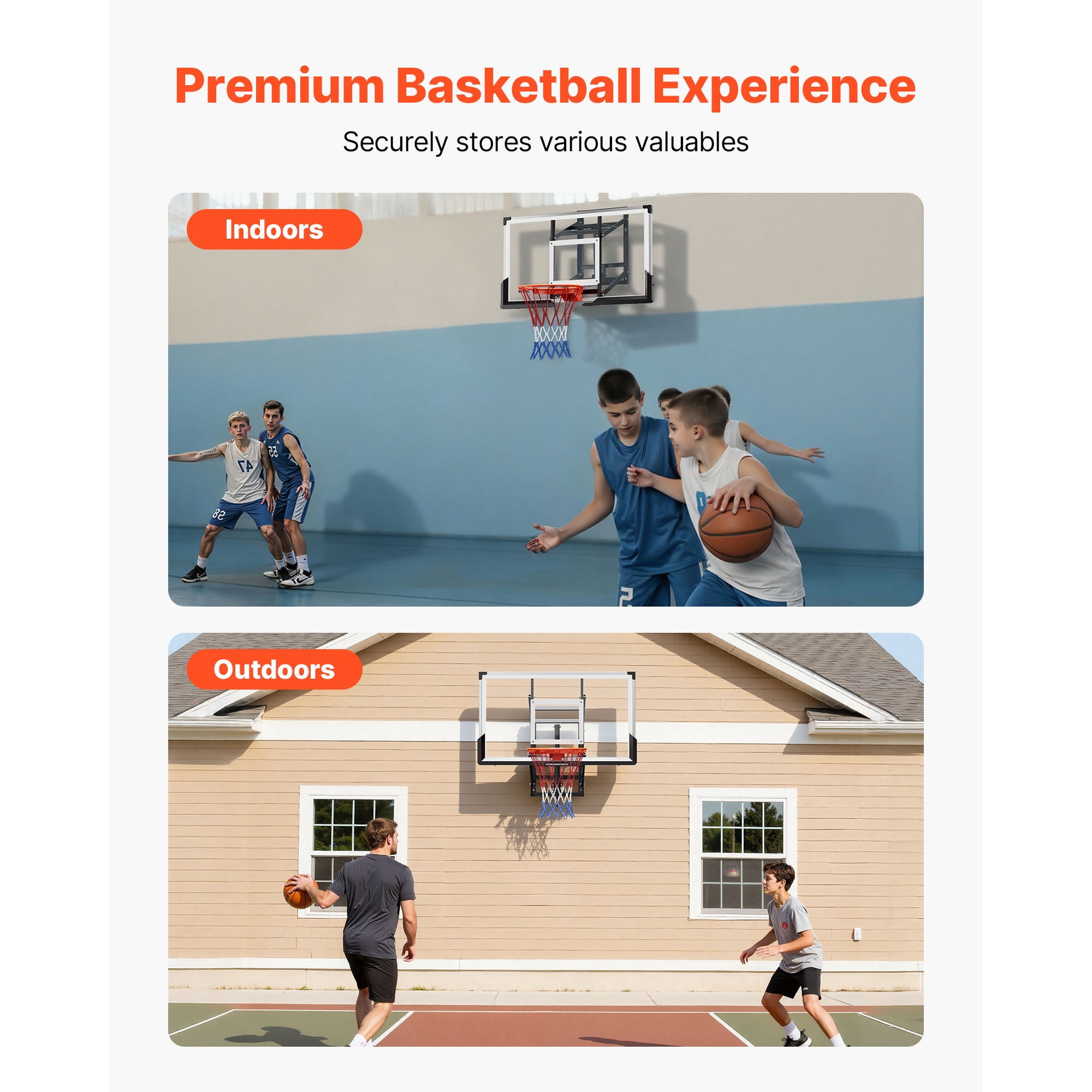 KFFKFF Wall-Mounted Basketball Hoop, 54-inch Polycarbonate Backboard with Hand-Crank Height Adjustment (Black, 54 in) 7t0oe