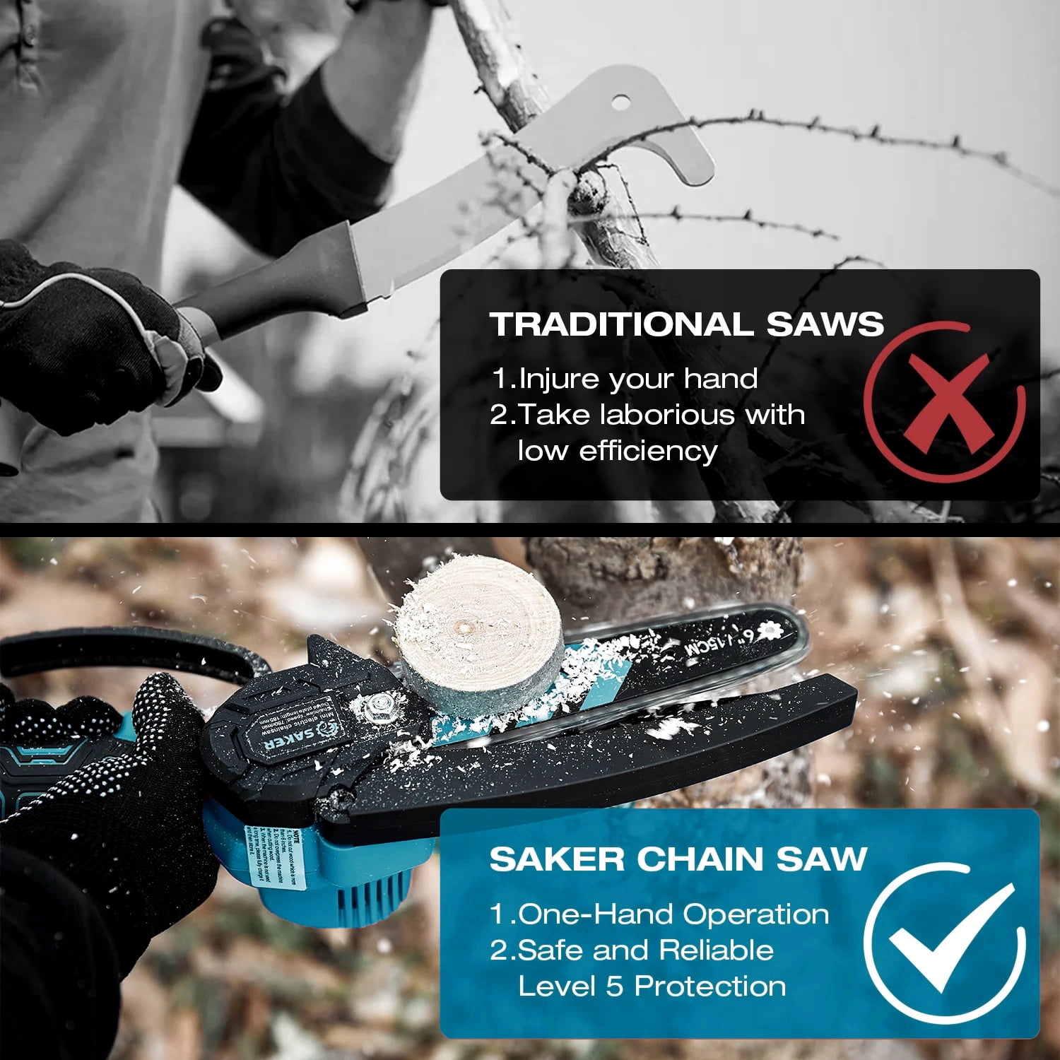 Saker 6 Inch Mini Chainsaw Cordless Electric Power Tool for Gardening and Tree Trimming (Blue, 2 Batteries and 2 Chains) qdbz9