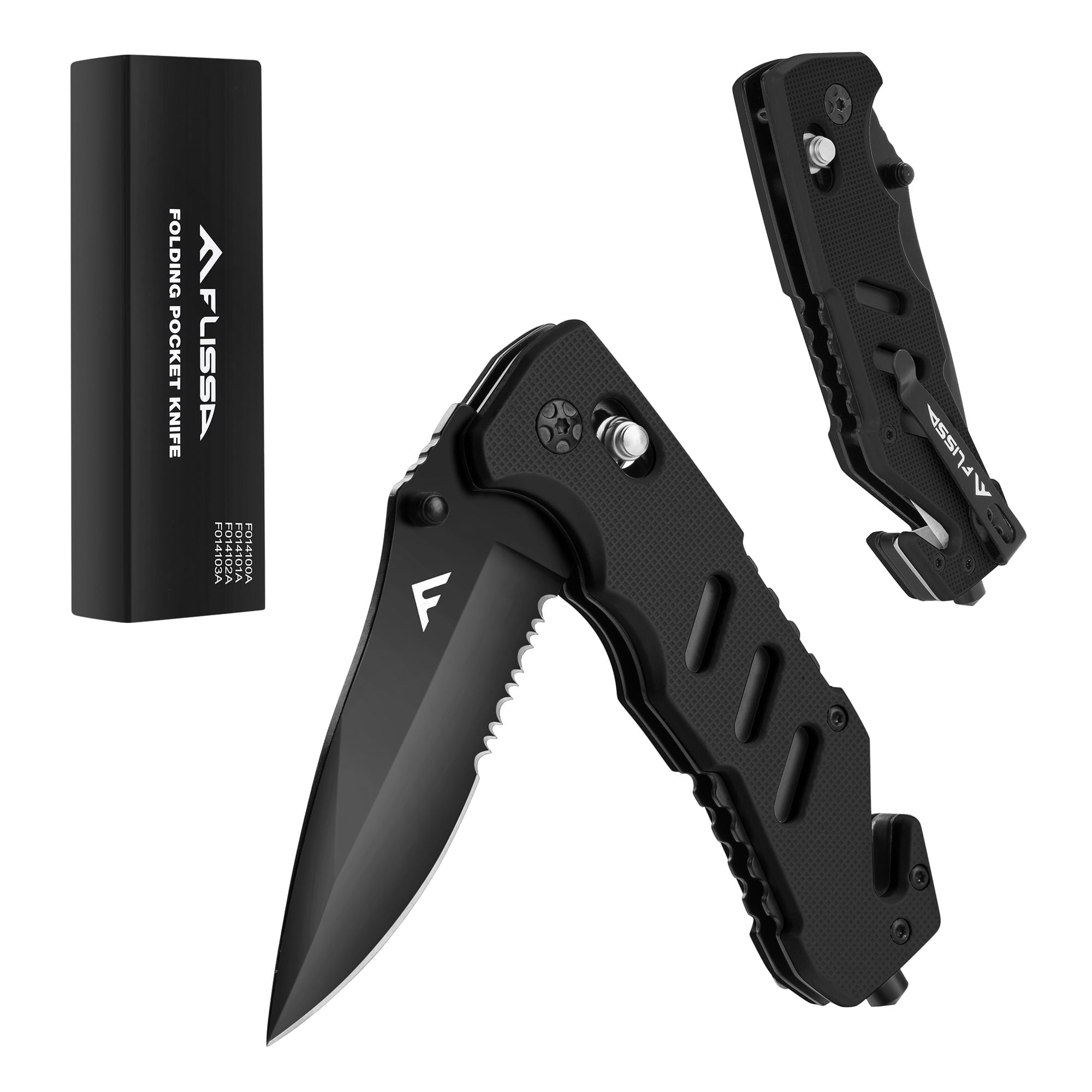 FLISSA Folding Pocket Knife with Glass Breaker and Seatbelt Cutter (Black, 3.5 in) ncwqy