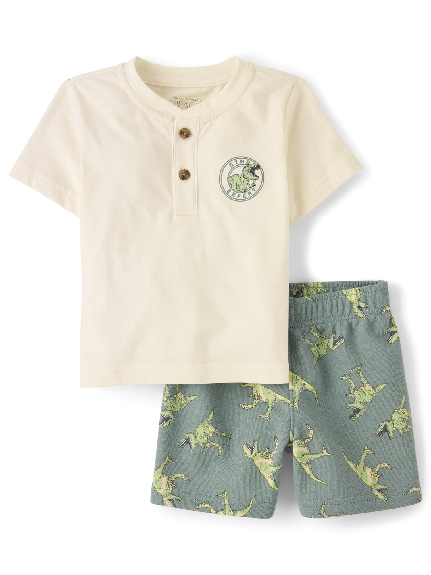 The Children's Place Baby & Toddler Boys Dino Graphic Henley Top and Shorts Set (Green, 2-Piece) bpg4z