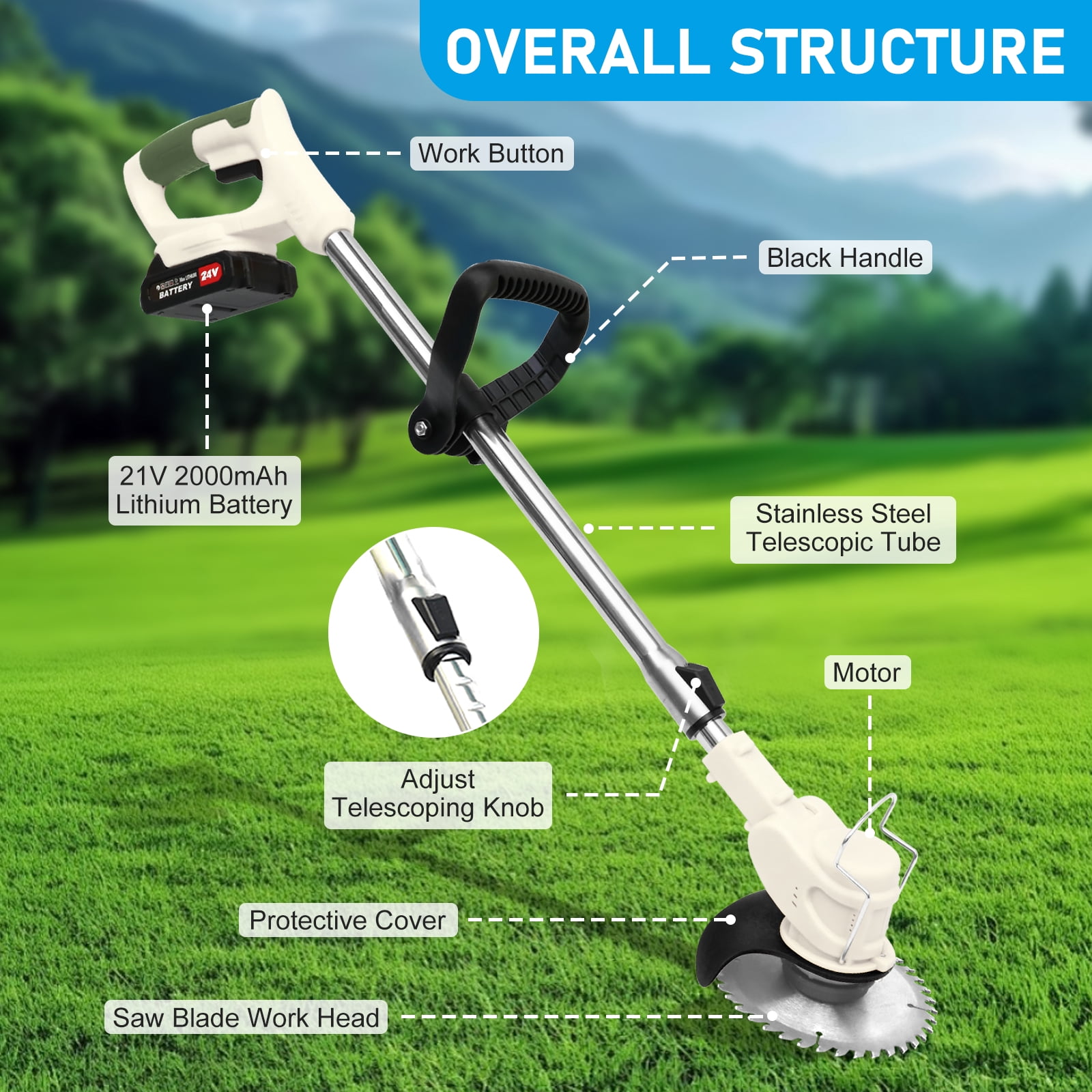 CATGOOD Cordless Lawn Trimmer, 200W Electric Weed Cutter with 3-in-1 Blade System (White, 33-47 in) xcw8y