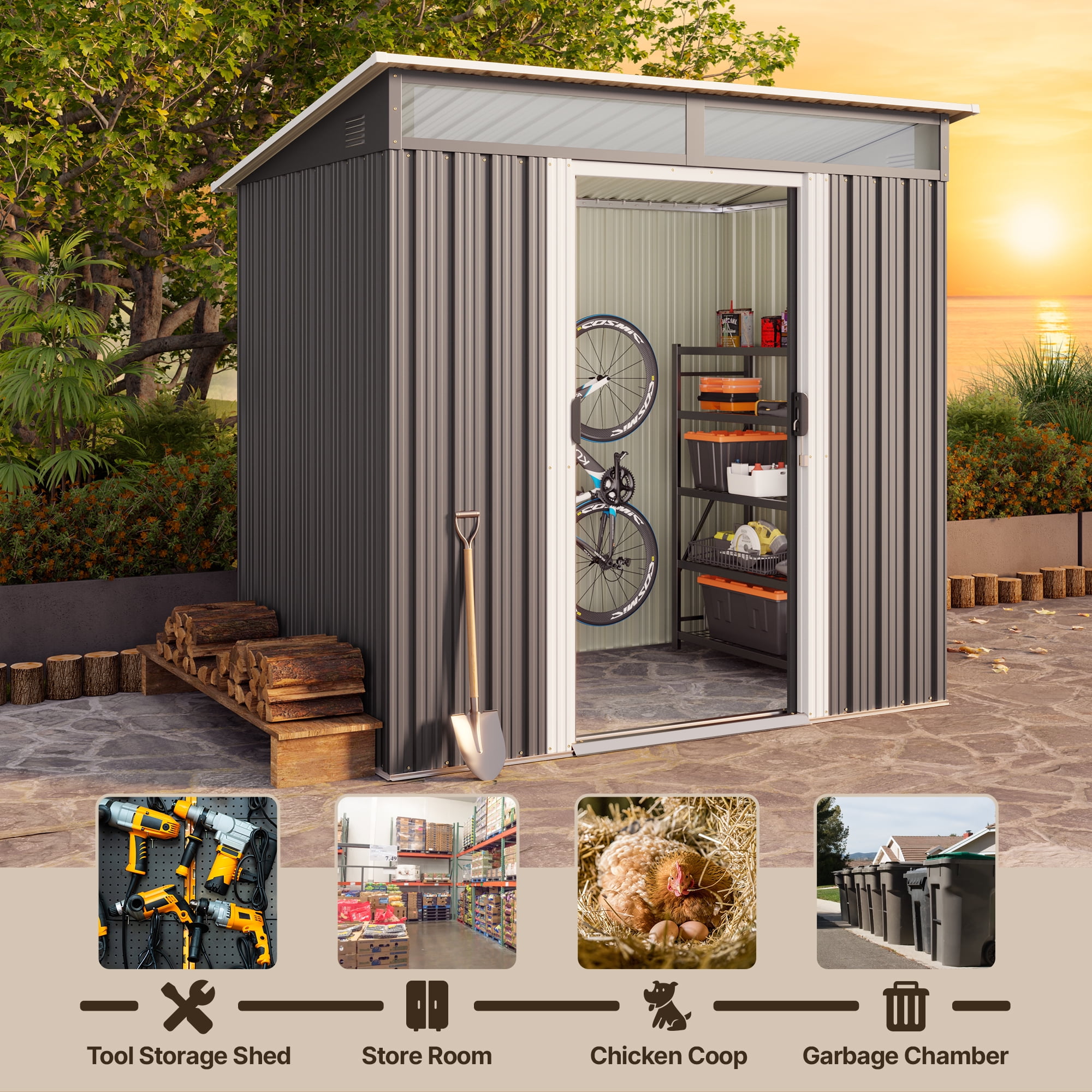 Aiho 6x4 ft Outdoor Storage Shed, Weather-Resistant Garden Tool House with Sliding Doors (Gray, 42.9 in x 76.8 in x 77.2 in) mhtc2