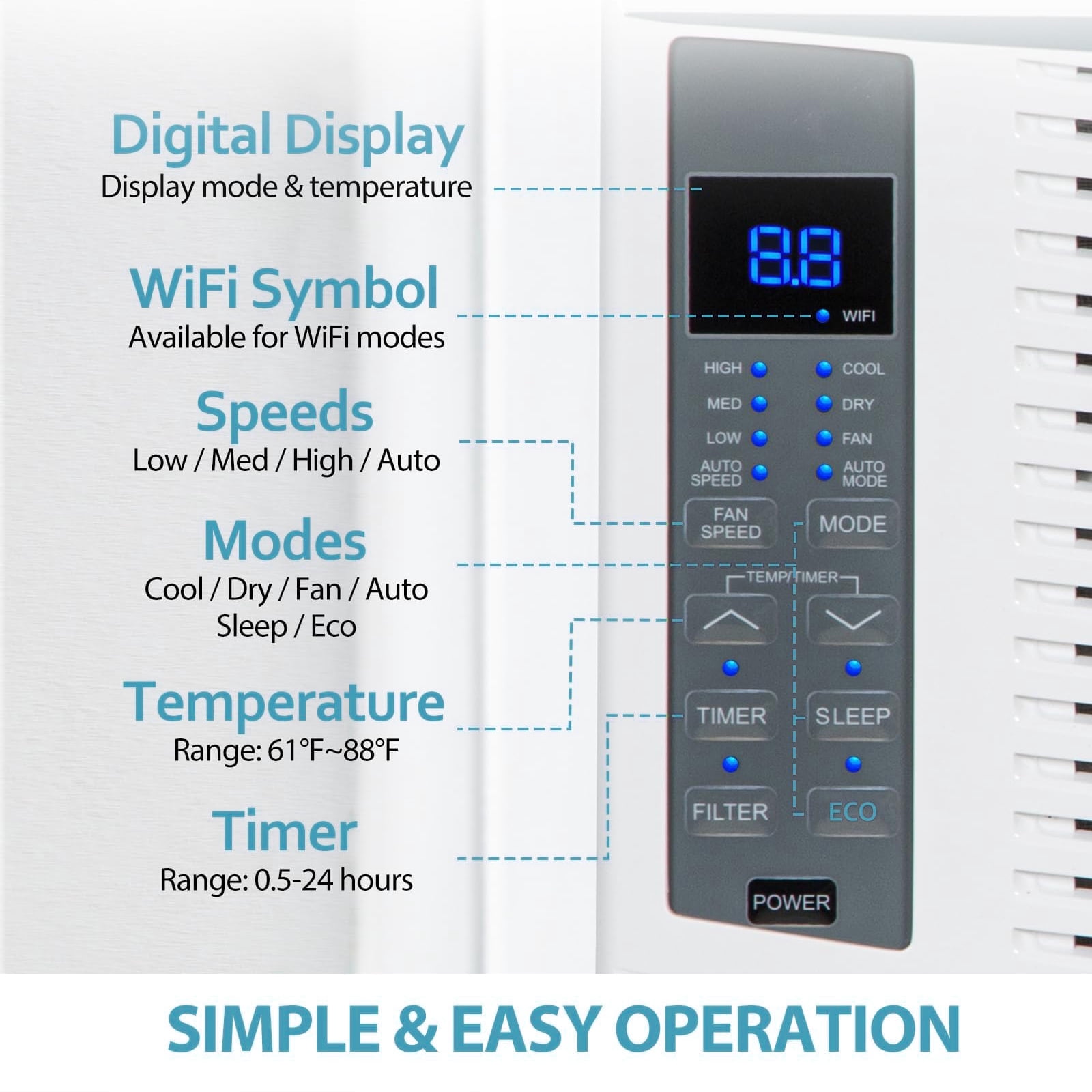 Mohavair 6000 BTU Window Air Conditioner Smart WiFi Cooling Unit for 250 Sq Ft Rooms (White, 23-34 in) lwucr
