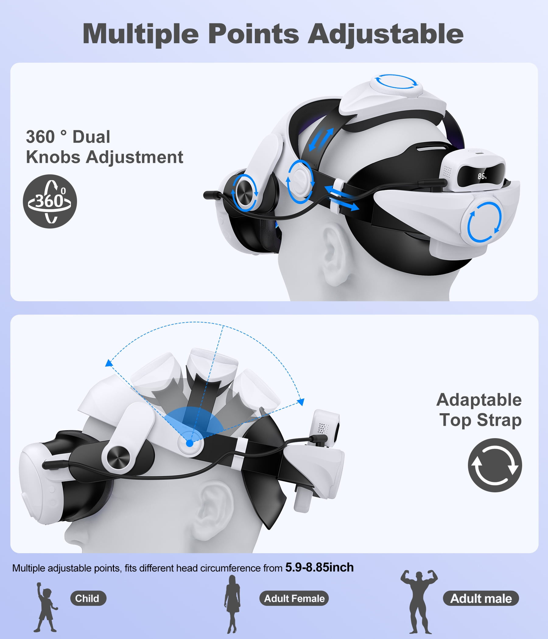 Beboncool Adjustable Head Strap for Meta Quest 3, 3S, and 2 with 7500mAh Battery Pack (White, 1 Pack) fedhq