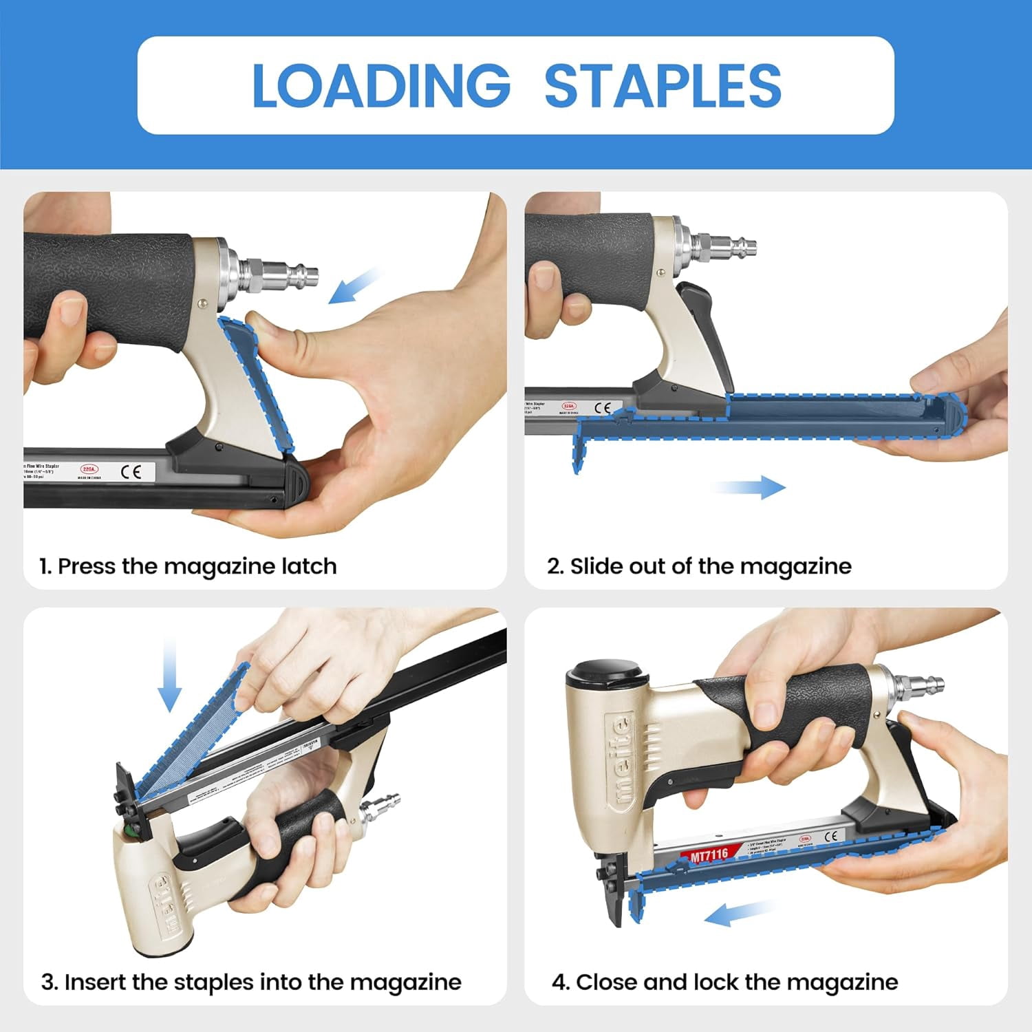 MEITE MT7116 Pneumatic Upholstery Staple Gun (22 Gauge, 3/8 in Crown, 1/4 in to 5/8 in Length) s4jjf