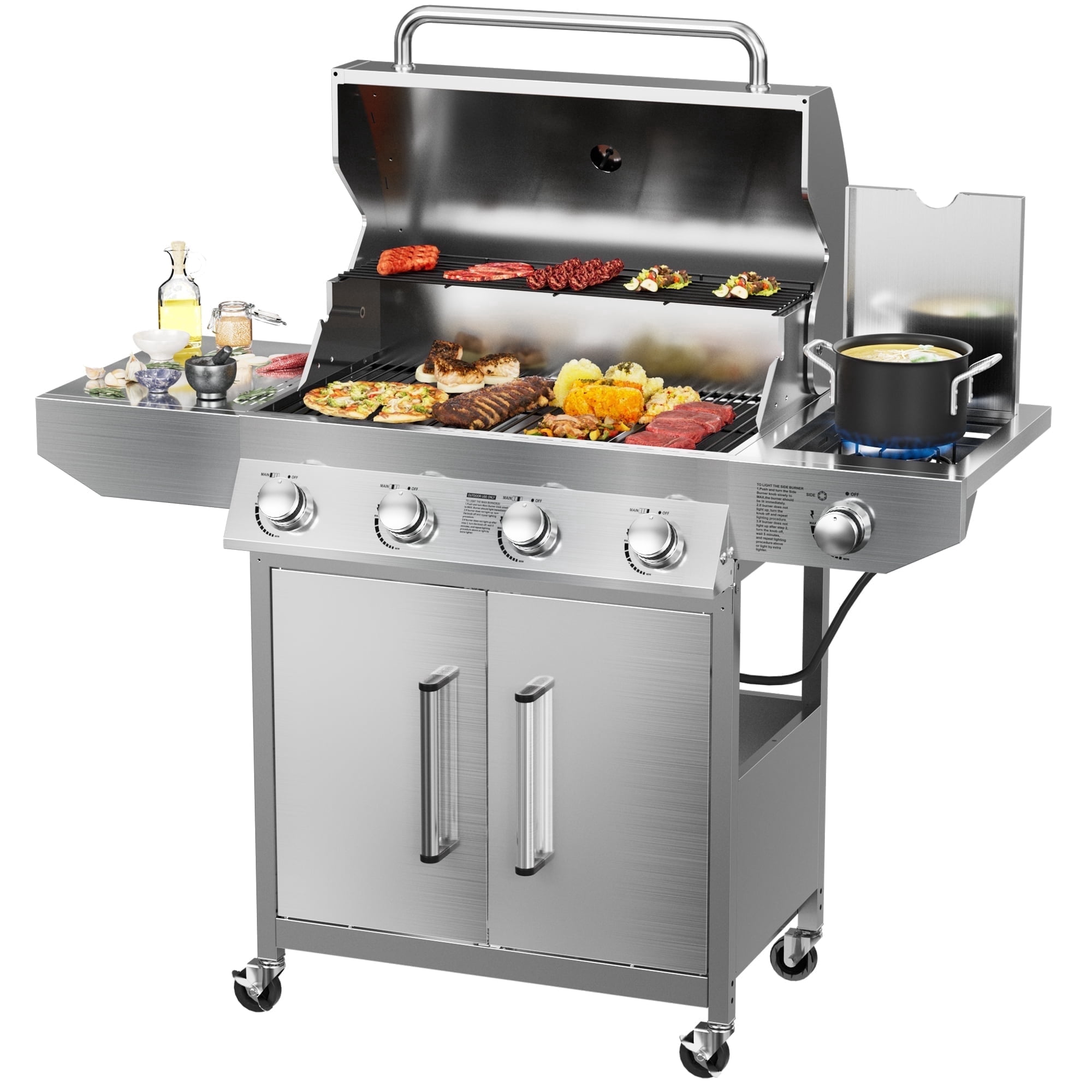 SKOK 4-Burner Gas Grill with Side Burner, Outdoor Propane Barbecue for Patio and Backyard (58,000 BTU, 393 sq.in Cooking Surface) 8a8uj