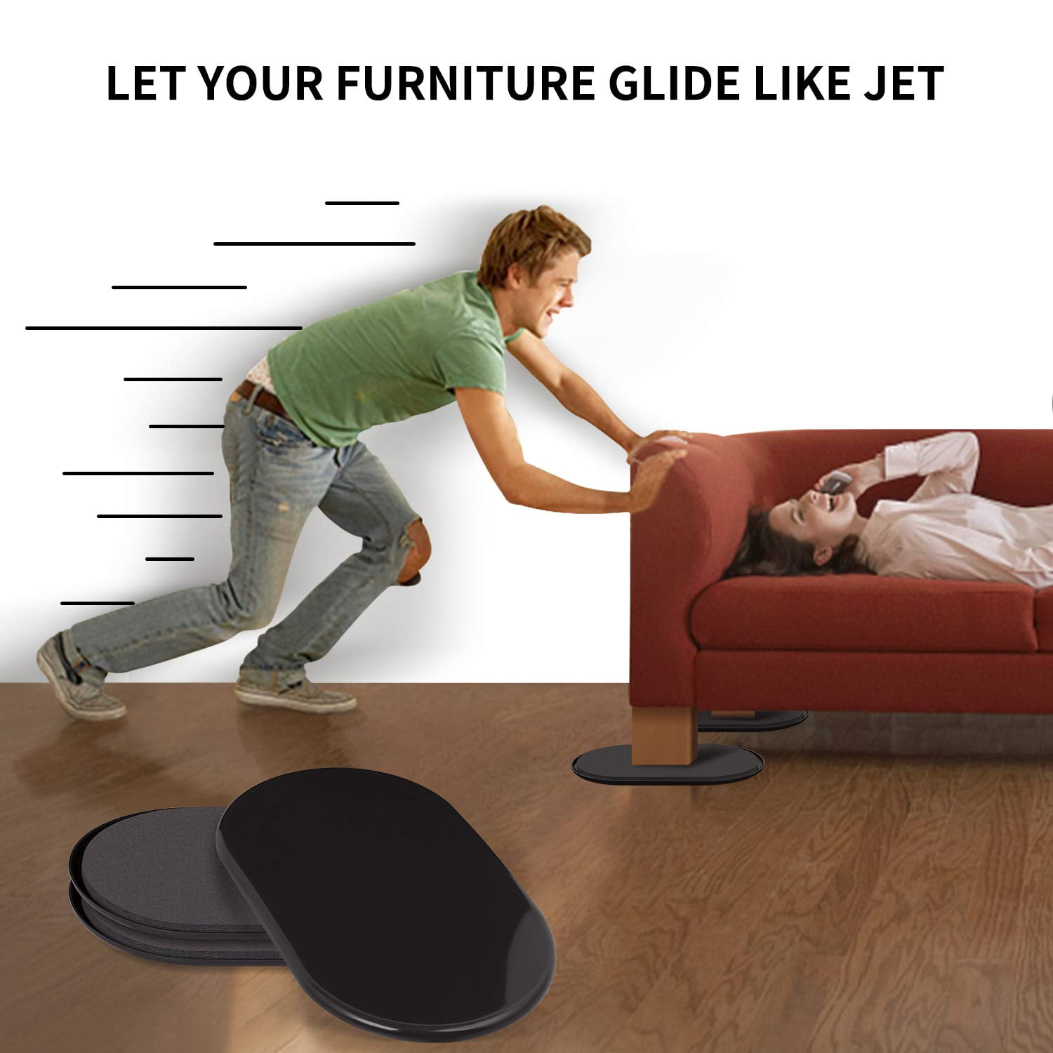 Ezprotekt Reusable Large Furniture Sliders for Carpet, Heavy-Duty Oval Plastic Movers (Black, 8 Pack, 9.5 in x 5.75 in) lrggd