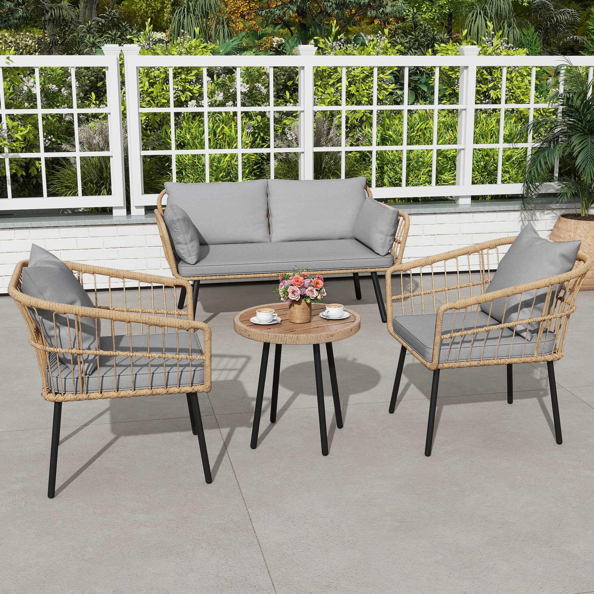 Uforic 4-Piece Patio Conversation Set, Outdoor Rattan Bistro Furniture with Loveseat and Coffee Table (Gray) 89pgo