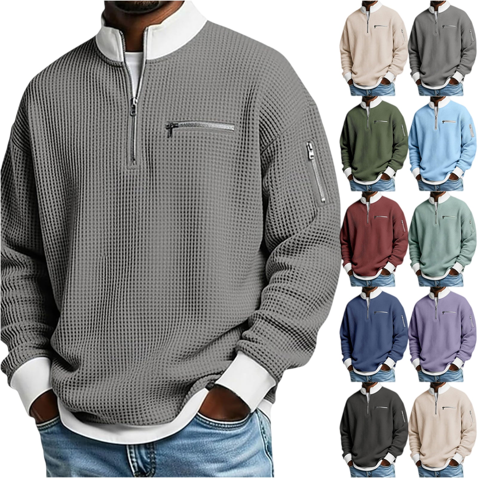 Nokdvo Mens Waffle-Knit Quarter Zip Pullover Long Sleeve Golf Sweatshirt (Wine, L) 63s7n