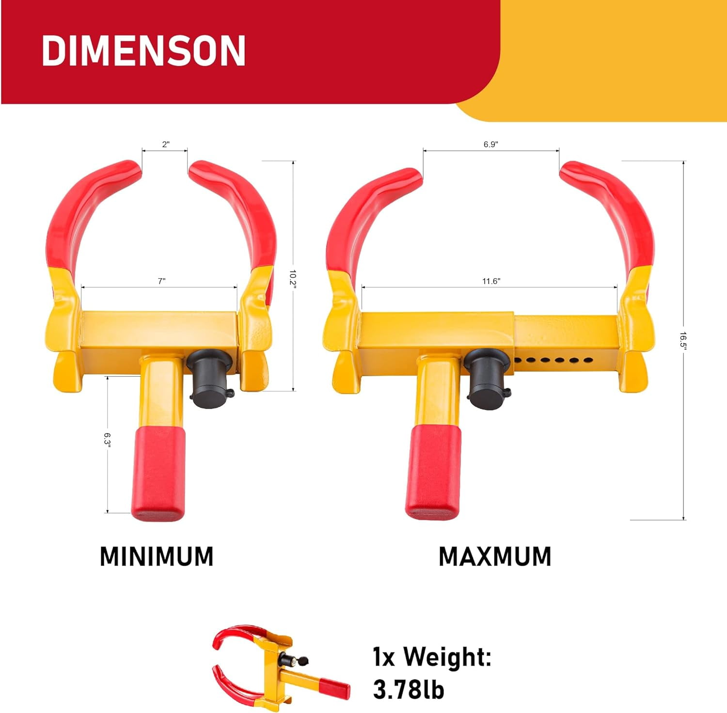 FATFOX Heavy Duty Wheel Clamp Lock, Universal Anti-Theft Security Tire Clamp for Trailers and SUVs (Yellow, 7-11 in Width) c5k9l