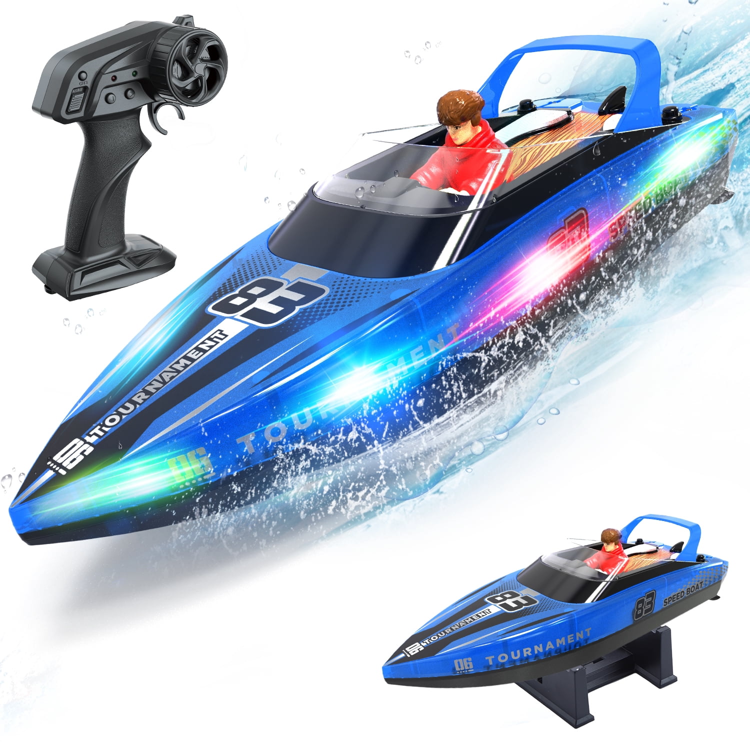 JoyStone RC Boat with LED Lights, Dual Motor Remote Control Racing Speedboat for Pools and Lakes (Blue, 10 in) dva7n