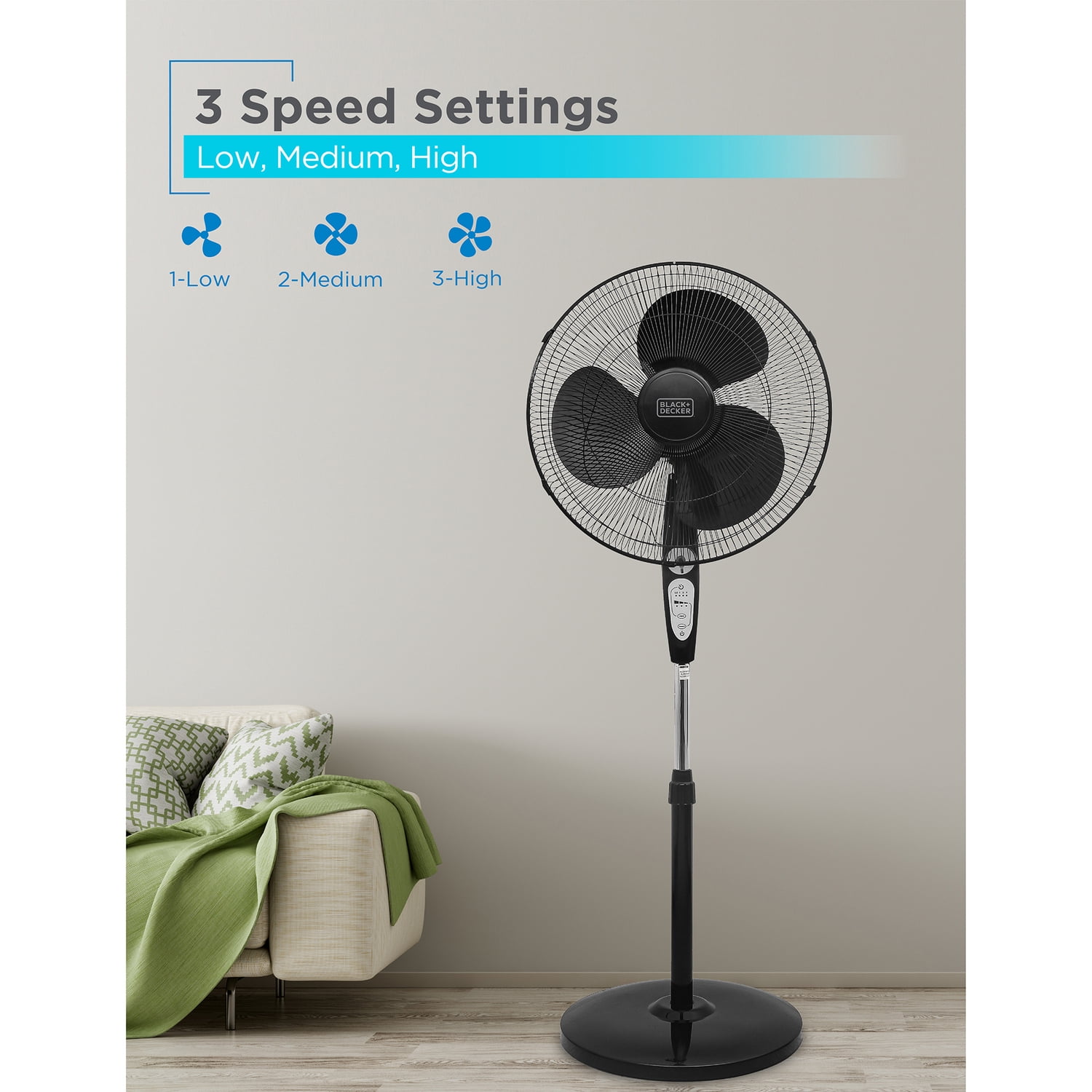 BLACK+DECKER 18-In. 3-Speed Oscillating Stand Fan with Remote (Black, 52 in Height) loeb8
