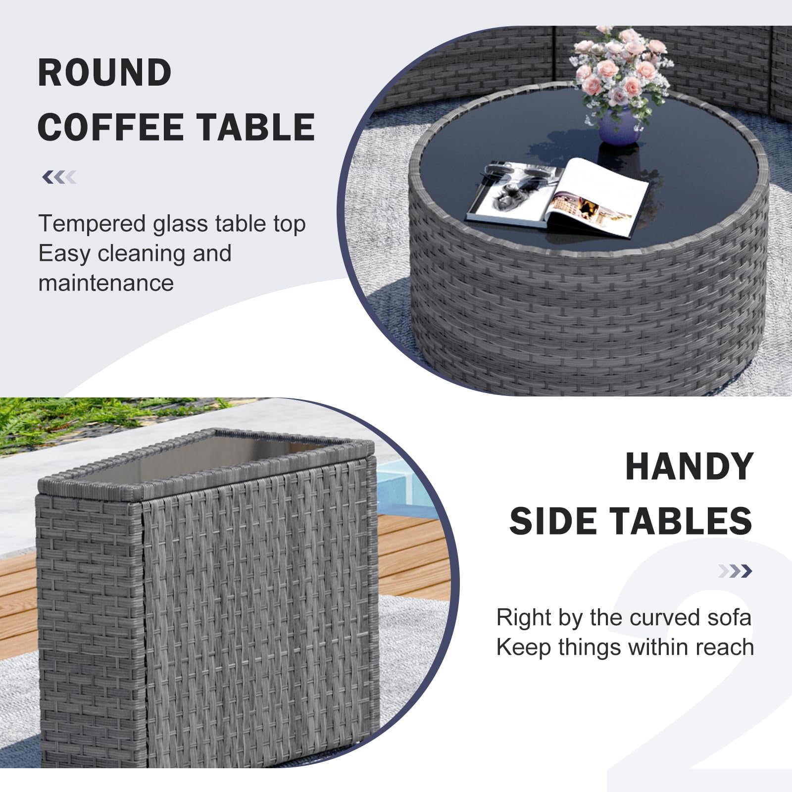 CDCASA 7 Piece Patio Furniture Set, All-Weather Wicker Rattan Curved Sectional Sofa with Coffee Table (Grey, 7 Piece Set) 2kfzr