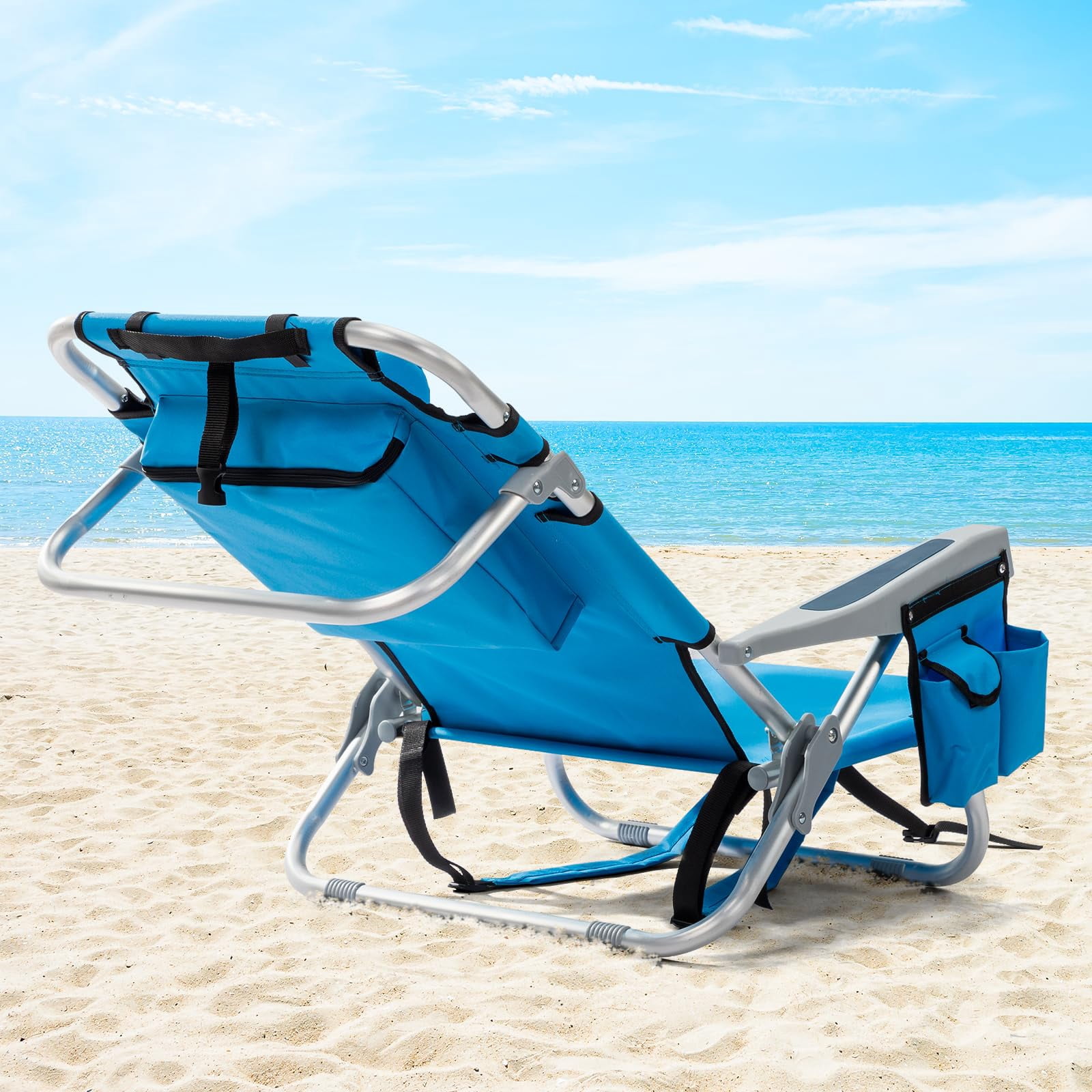 Geemuslly Folding Backpack Beach Chair, 5-Position Recline Portable Aluminum Lounge Chair with Storage Pockets and Cup Holder (Blue, 330 lb Capacity) 3vg68