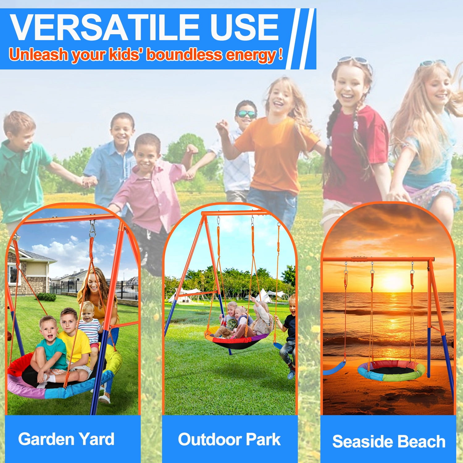 Camkey Heavy Duty Metal Swing Set for Kids with Saucer and Belt Seats (Blue, 440 lb Capacity) n77fa