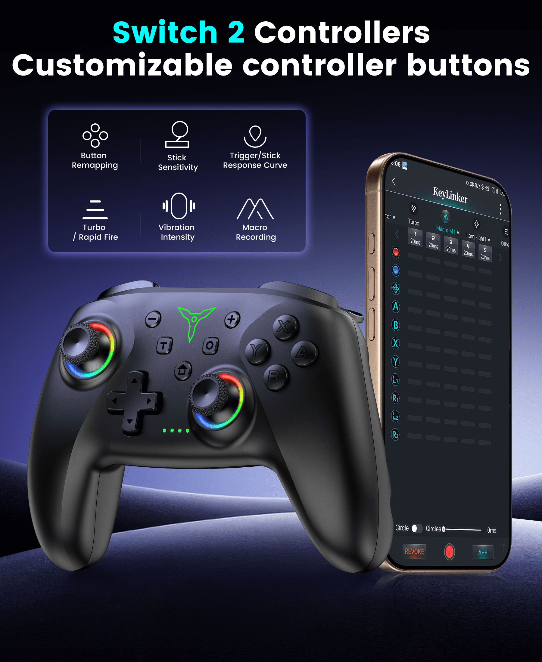 EUROA Pro Wireless Controller for Switch OLED/Lite/Switch 2, Hall-Effect Joysticks with Turbo & Vibration (Black) 4fd8h