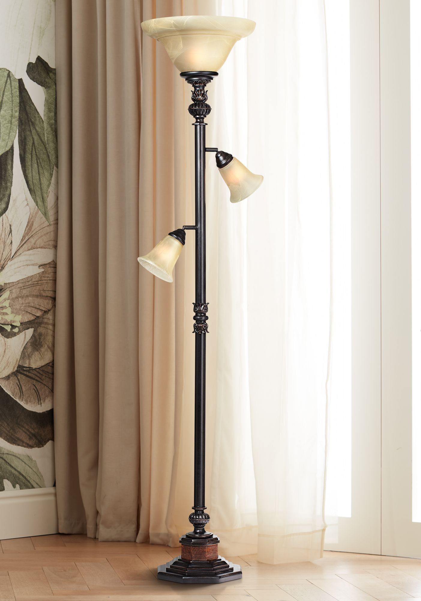Kathy Ireland Sonnett Vintage Rustic Torchiere Floor Lamp with Side Lights (Bronze, 72 in) 3cx36