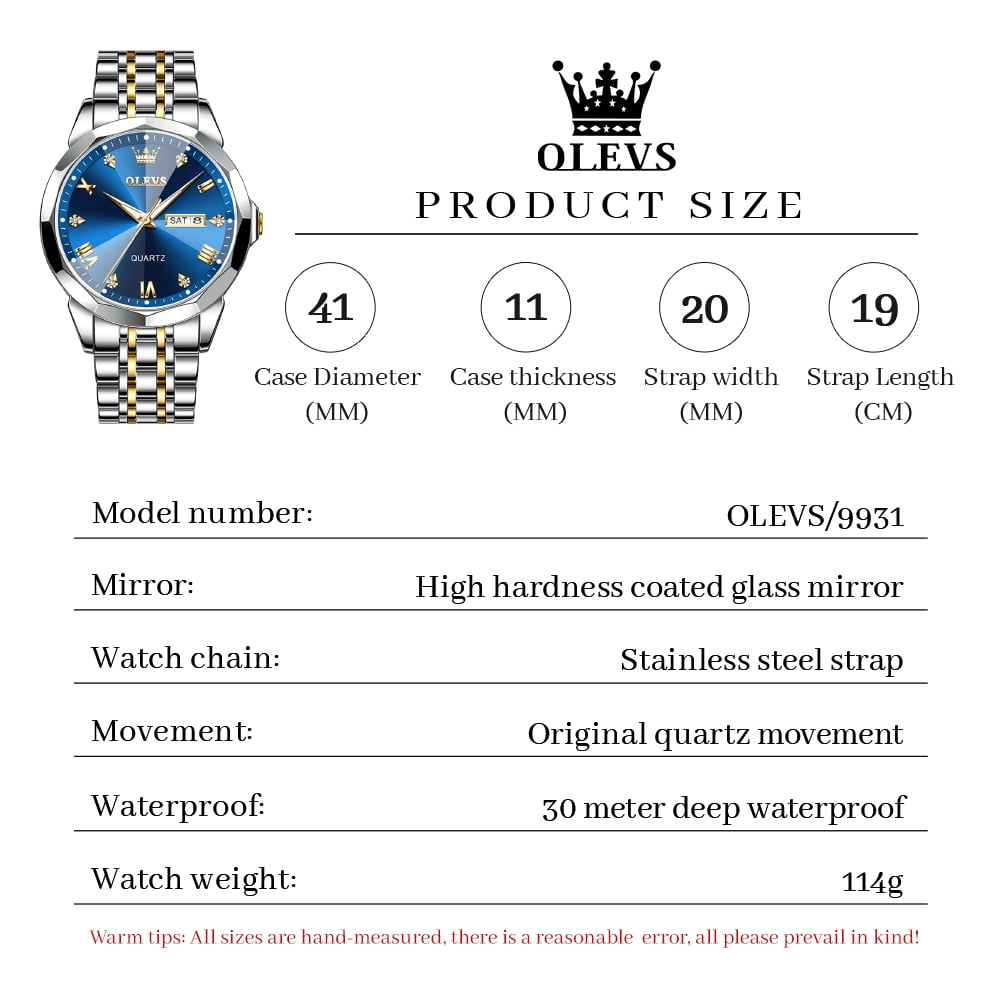 OLEVS Men's Diamond Analog Quartz Dress Watch Stainless Steel Waterproof Business Wristwatch (Blue, 1.6 in) fduvn