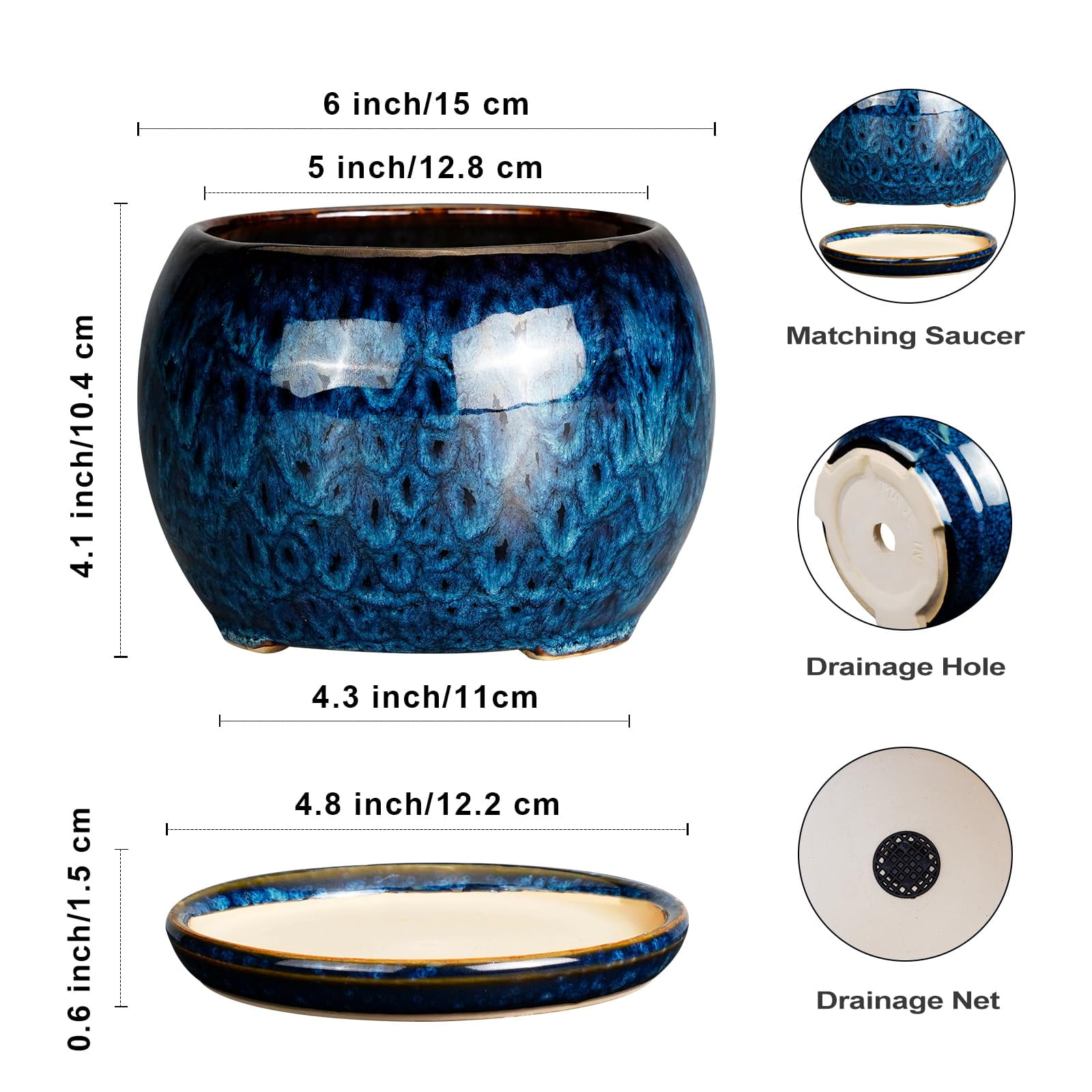 Ordivic Ceramic Planter with Drainage Hole and Saucer for Indoor Plants (Blue, 6 in) eag6w