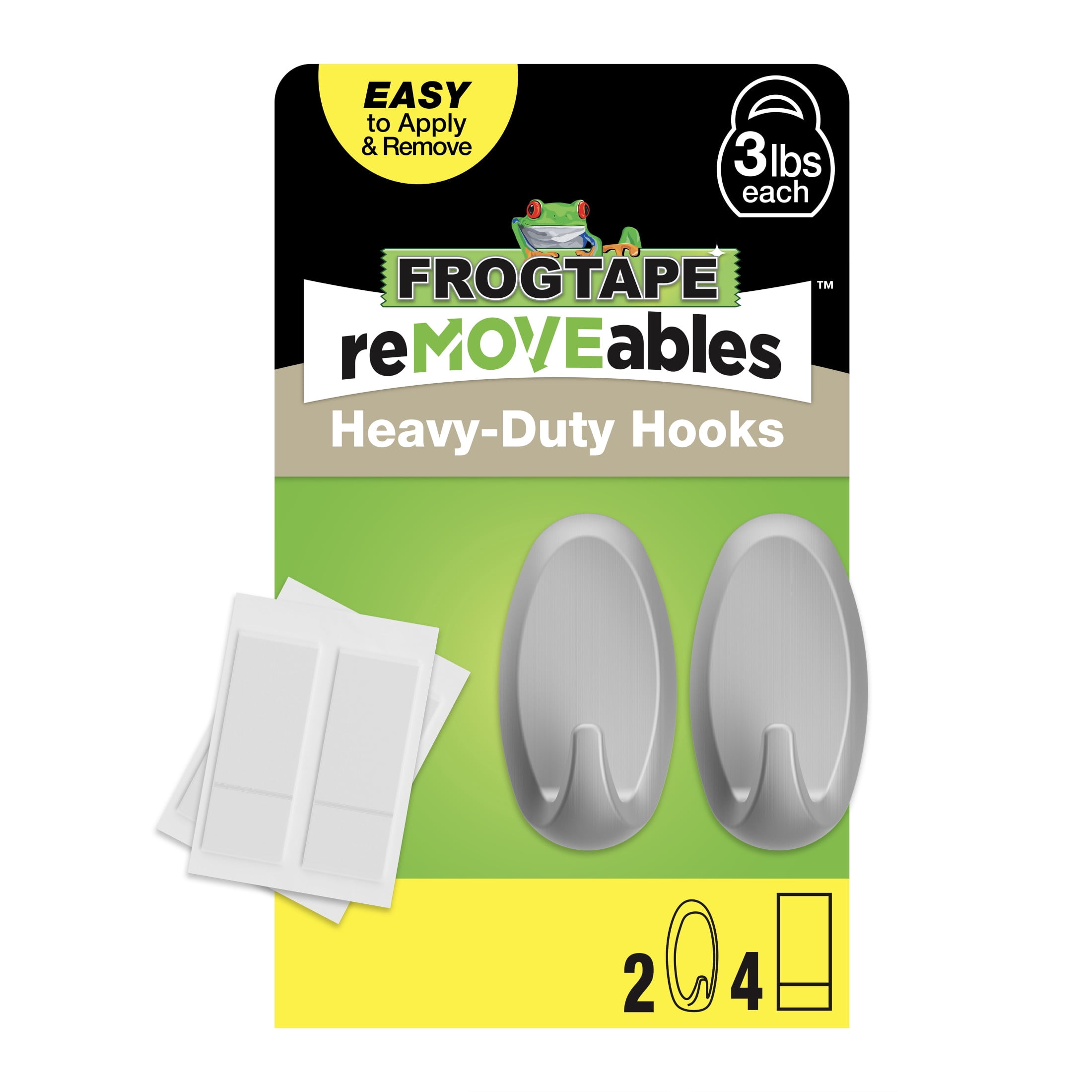 FrogTape reMOVEables Heavy Duty Wall Hooks, Brushed Nickel Finish (2 Hooks, 4 Adhesive Strips) o4xiy