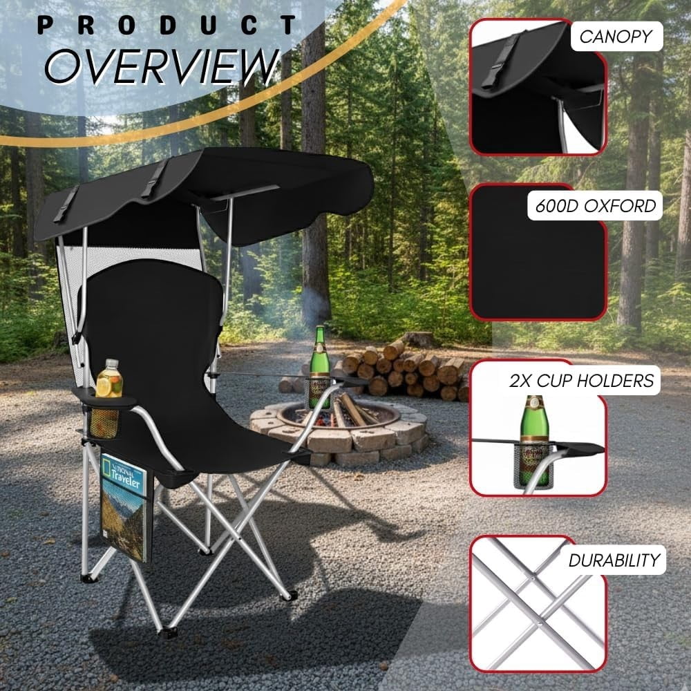WilderHome Portable Camping Chair with Canopy, Folding Outdoor Seat with Sun Shade (Black) 1e2of
