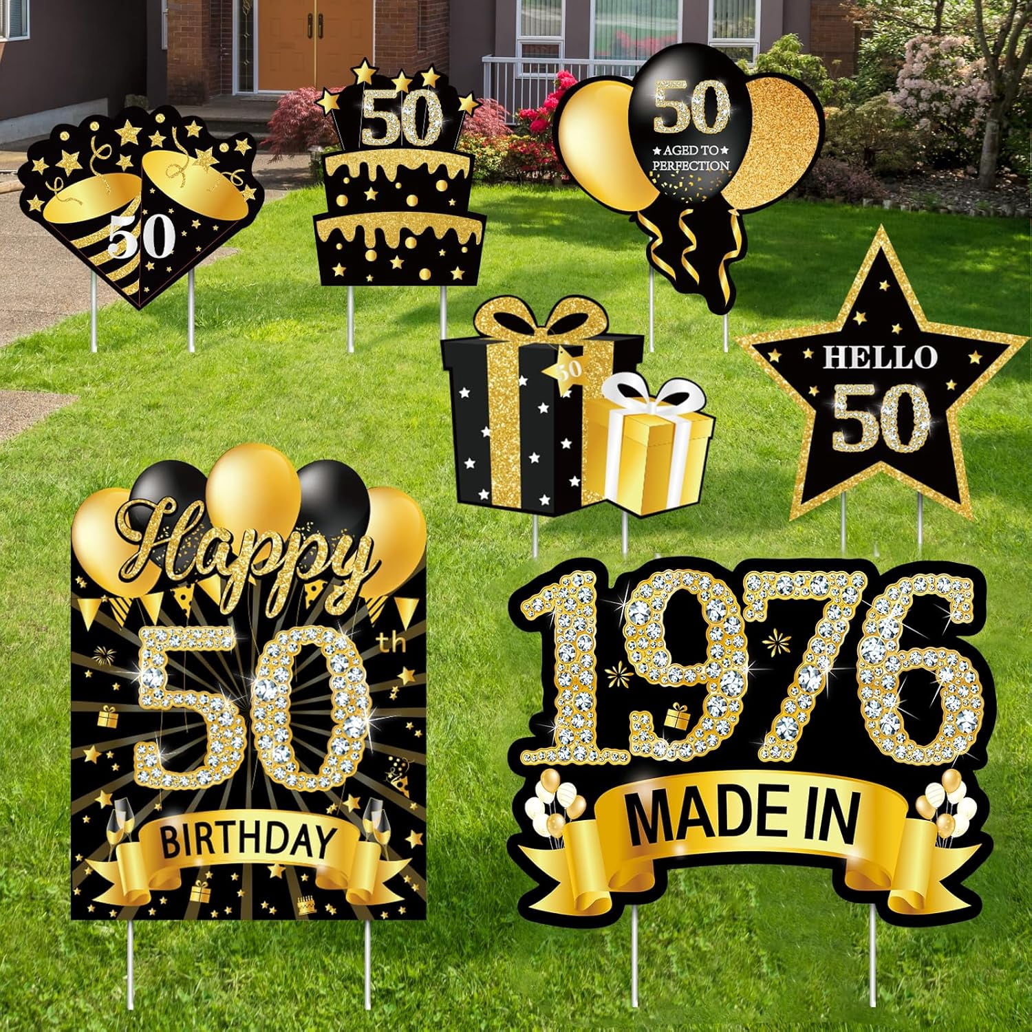 Generic 50th Birthday Yard Sign Decorations Set, Black and Gold Lawn Party Supplies with Stakes (7 Pieces) fw8yt