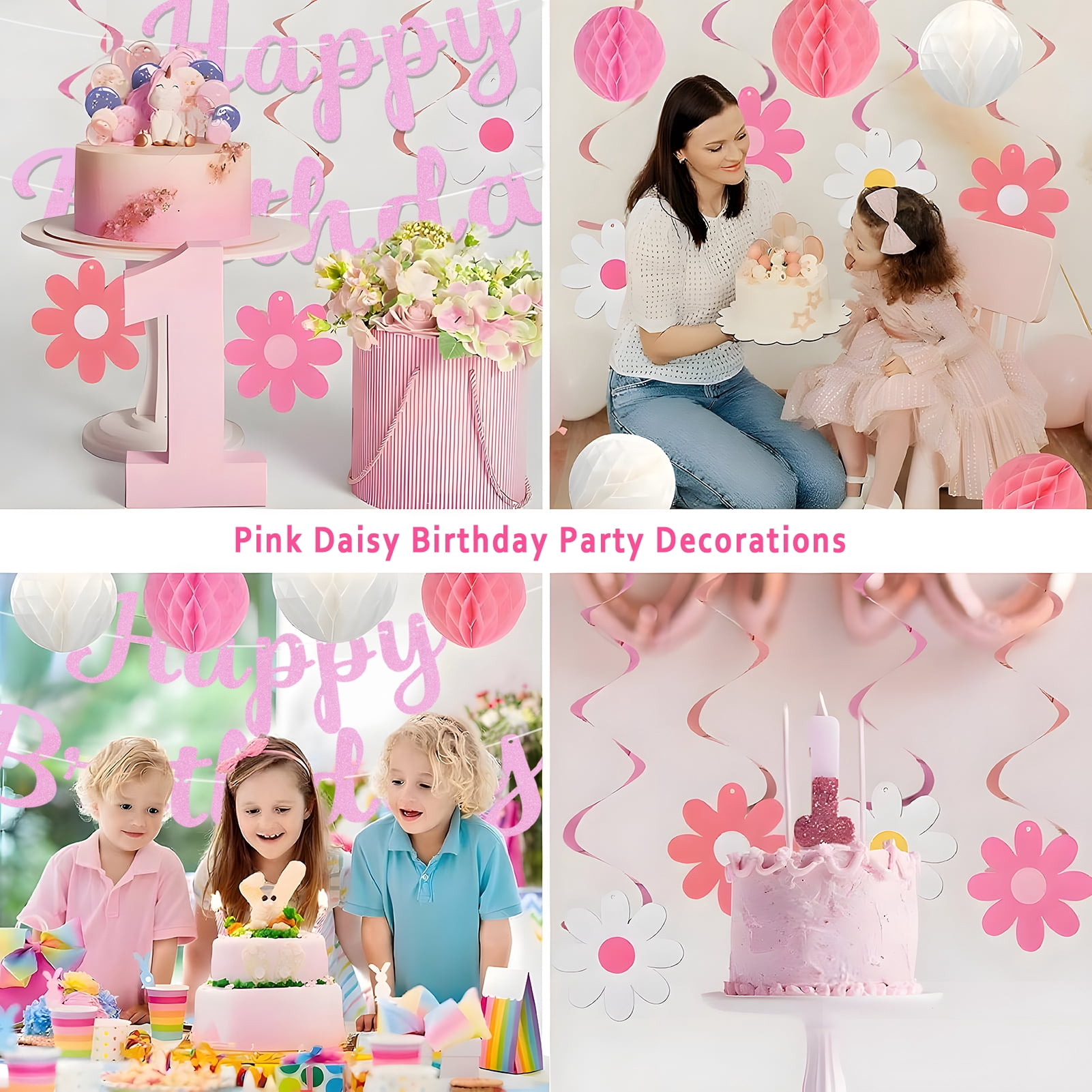 KiddiTouch Happy Birthday Party Decorations Set, Pre-Strung Banner with Honeycomb Balls and Hanging Swirls (Pink, 16-Piece Set) fb5cy