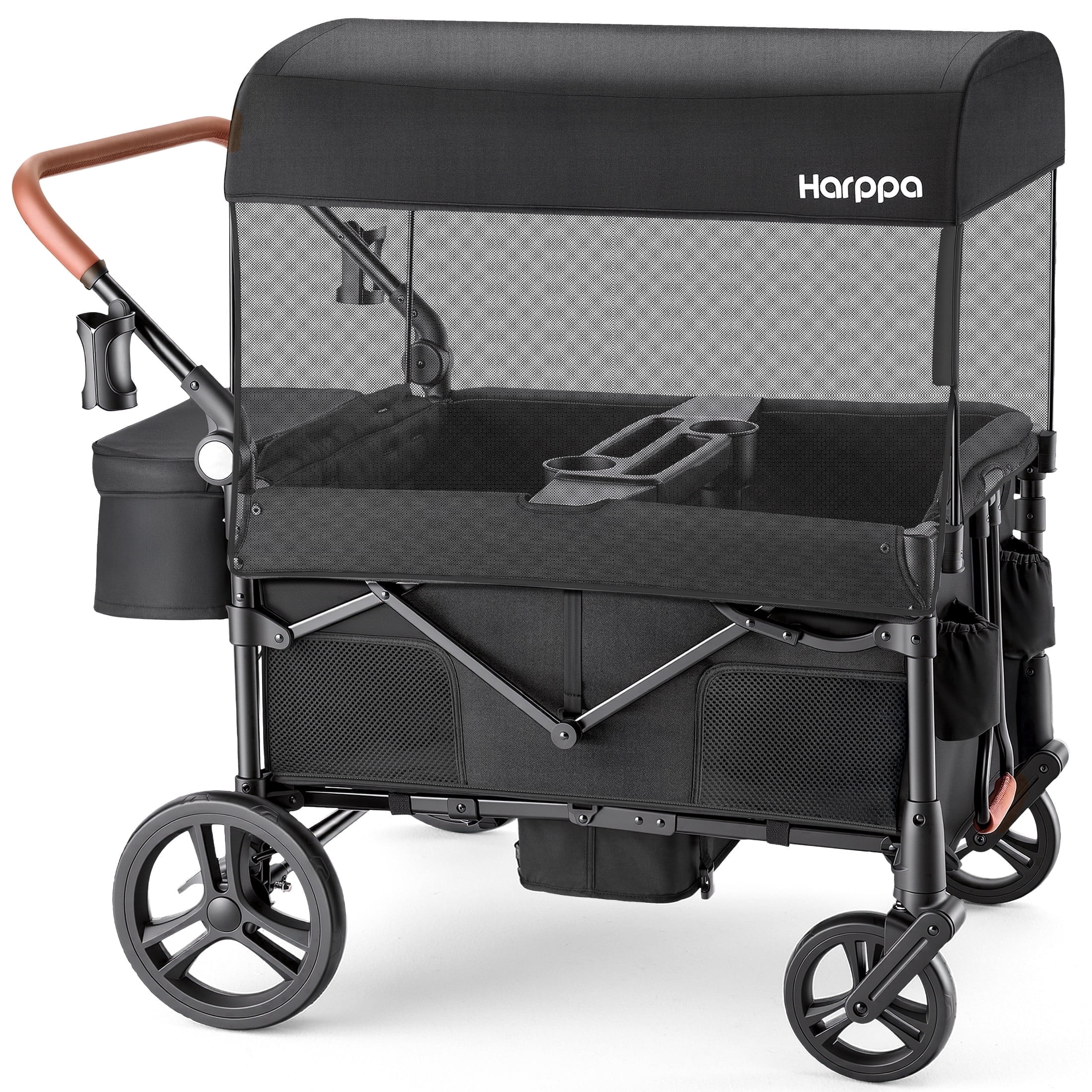 HARPPA Foldable Wagon Stroller for 4 Kids with 5-Point Harness and Canopy (Black) k8gyb