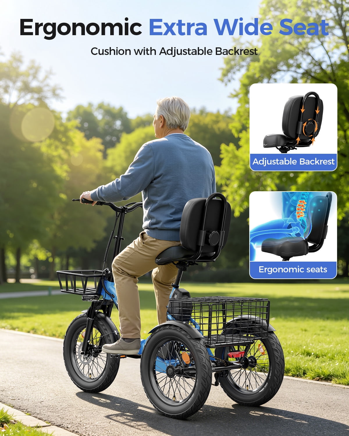 EILLEO SPACEWALK Adult 3-Wheel Electric Tricycle, 700W Motor, 60-Mile Range, Fat Tire E-Trike (Blue, 18 in) wbxcy