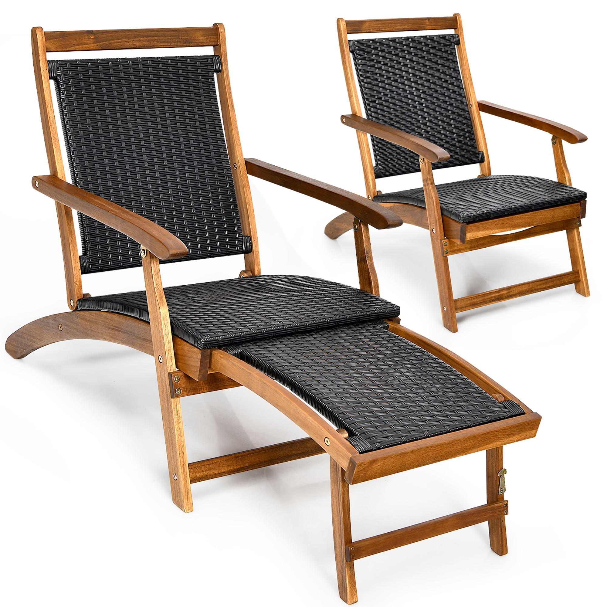 Costway 2-Piece Patio Folding Rattan Lounge Chair Set with Retractable Footrest (Brown, 24 in x 51.5 in x 32.5 in) motay