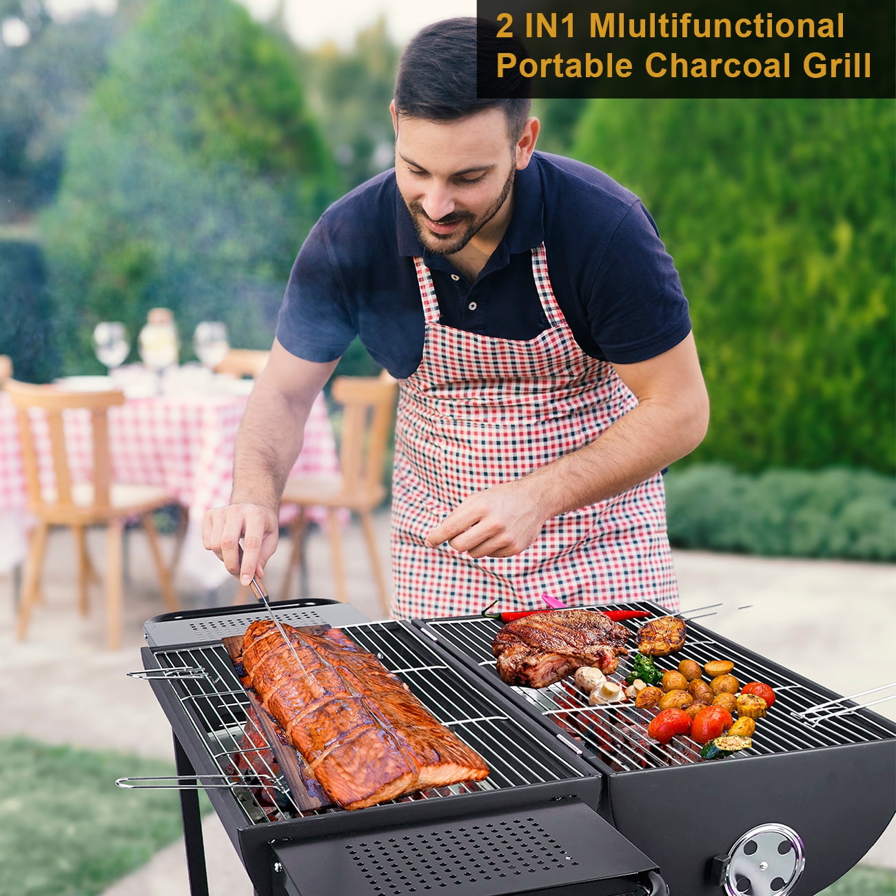 Linsen-Outdoors Double Charcoal Barrel Grill with Dual Side Shelves (Black, Large) 5yds8