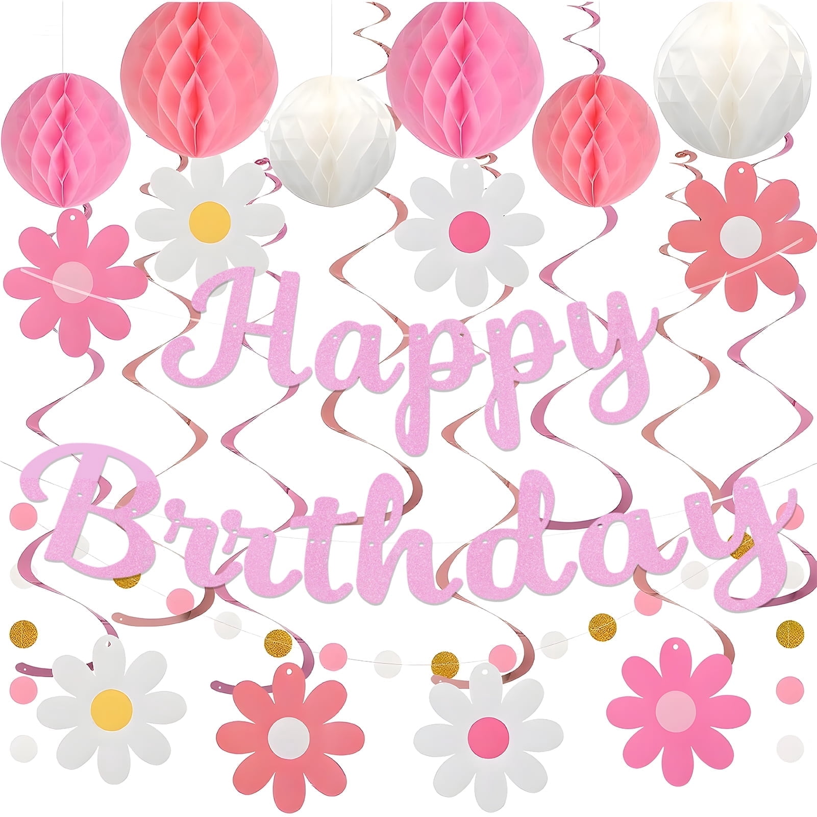 KiddiTouch Happy Birthday Party Decorations Set, Pre-Strung Banner with Honeycomb Balls and Hanging Swirls (Pink, 16-Piece Set) fb5cy
