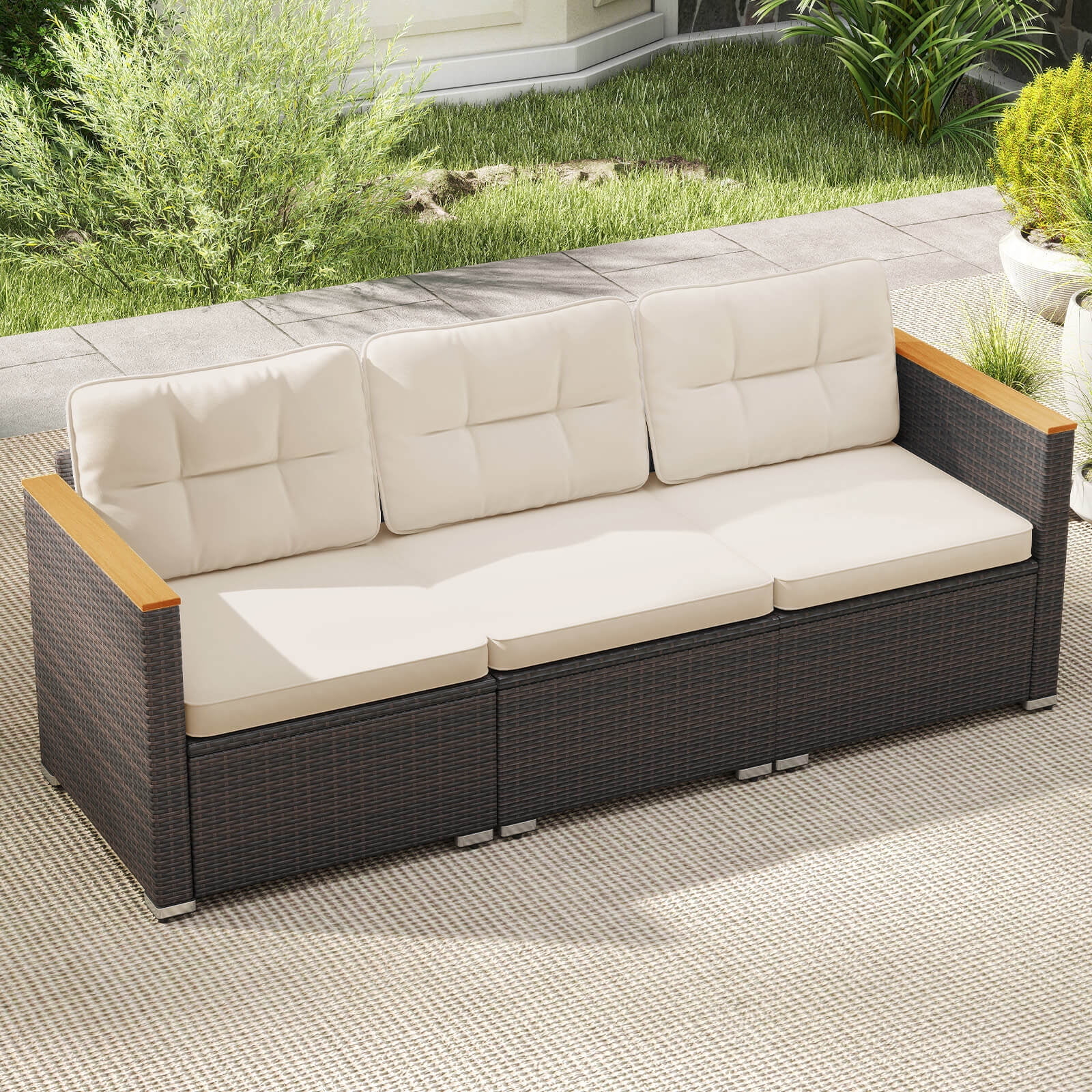 Costway 3-Seat Patio Sofa PE Rattan Wicker Outdoor Furniture Set (White, 76 in x 26 in x 25.5 in) 7z5df