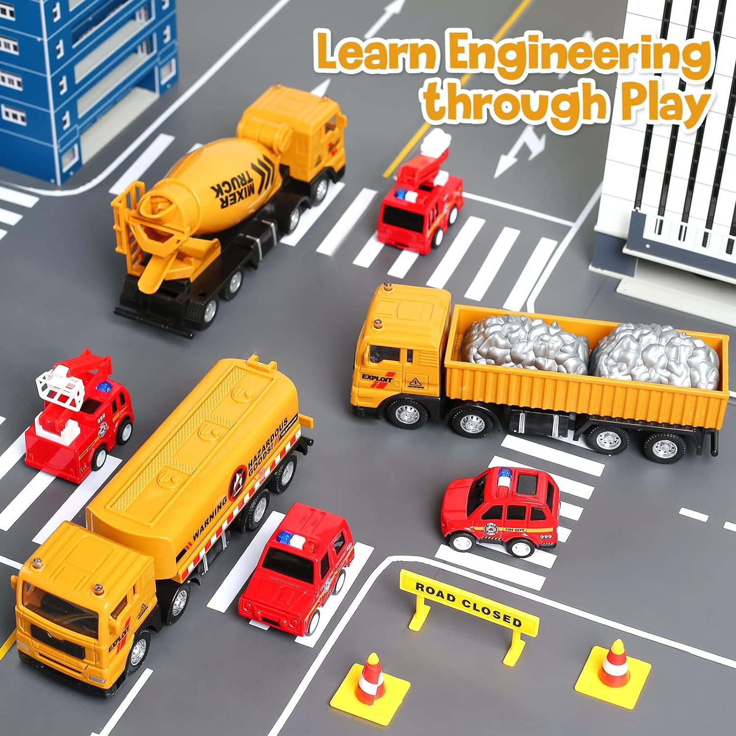 JoyStone Construction Vehicle Engineering Truck Playset with Playmat and Accessories (Yellow, 31.1 in Playmat) vmkha