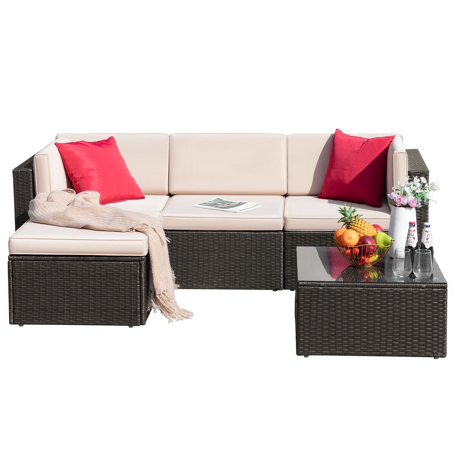 Homall 5-Piece Outdoor Sectional Sofa Set with Tea Table and Ottoman (Beige) 9r9j5