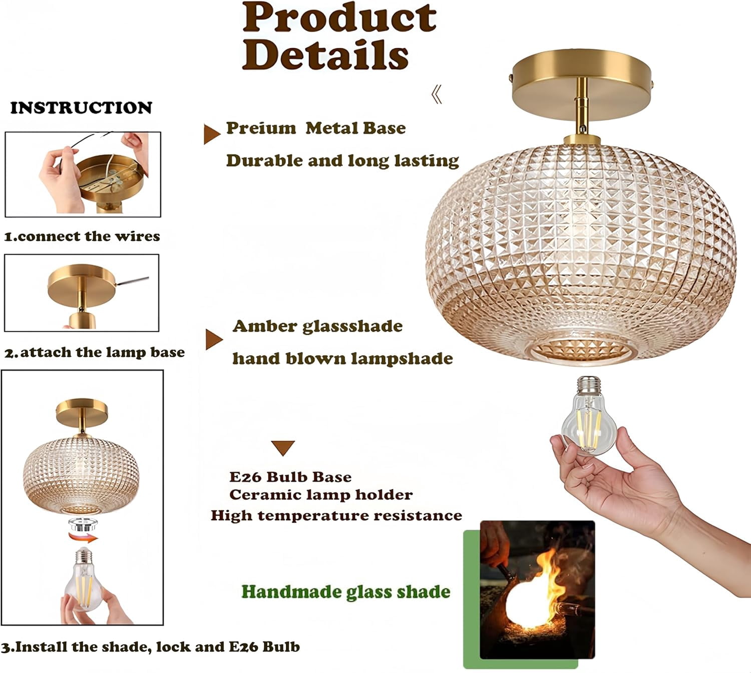 Jolydoly Semi Flush Mount Ceiling Light, Vintage Amber Glass Fixture for Hallway and Kitchen (9.84 in) fj967