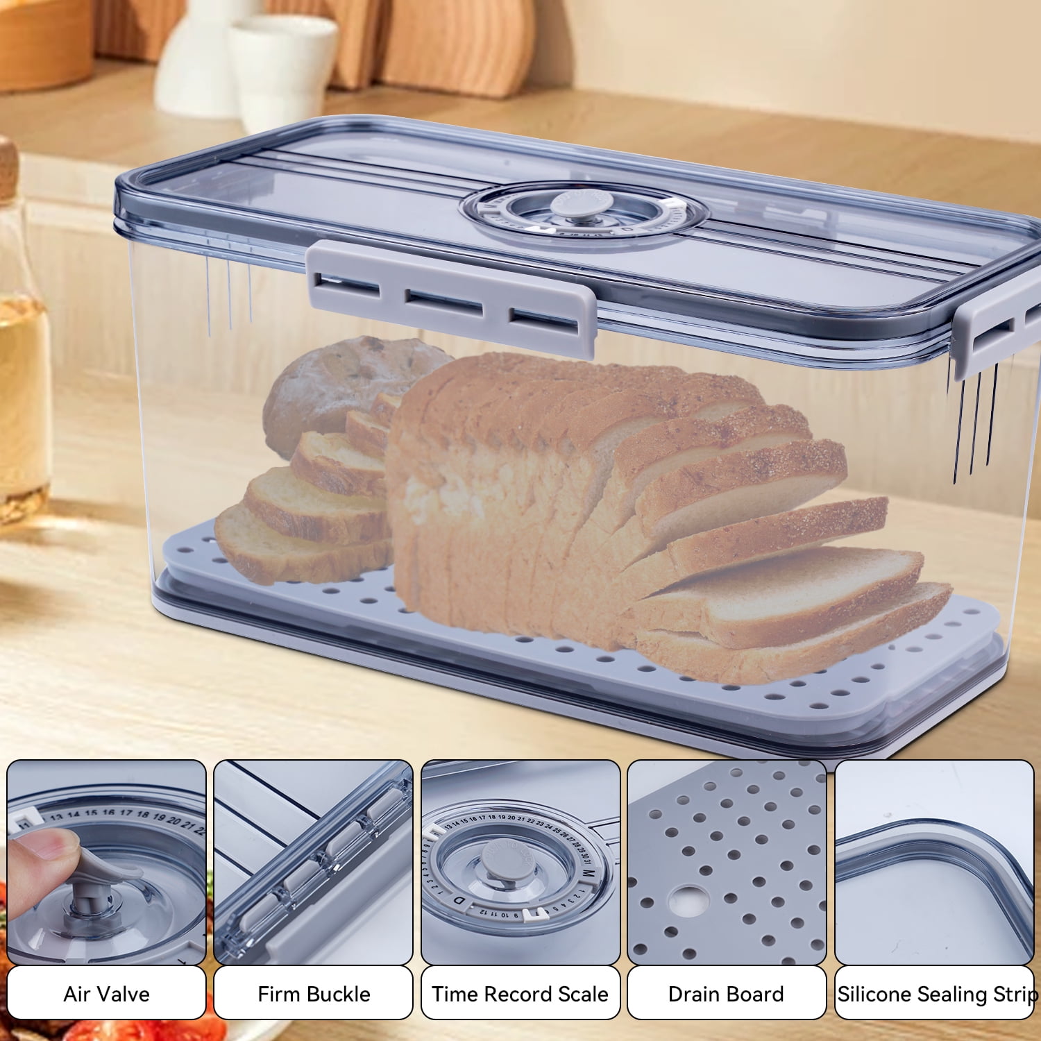 JUNLIN Airtight Bread Box with Time Recording Lid, Kitchen Countertop Food Storage Container (Gray, 12.6 in x 6.7 in x 5.9 in) iqi3r